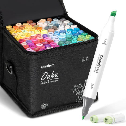 Ohuhu Alcohol Markers Double Tipped Art Marker Set for Artists Adults Coloring Sketch Illustration - Chisel & Fine Dual Tips - 100 Colors - Oahu Series of Ohuhu Markers