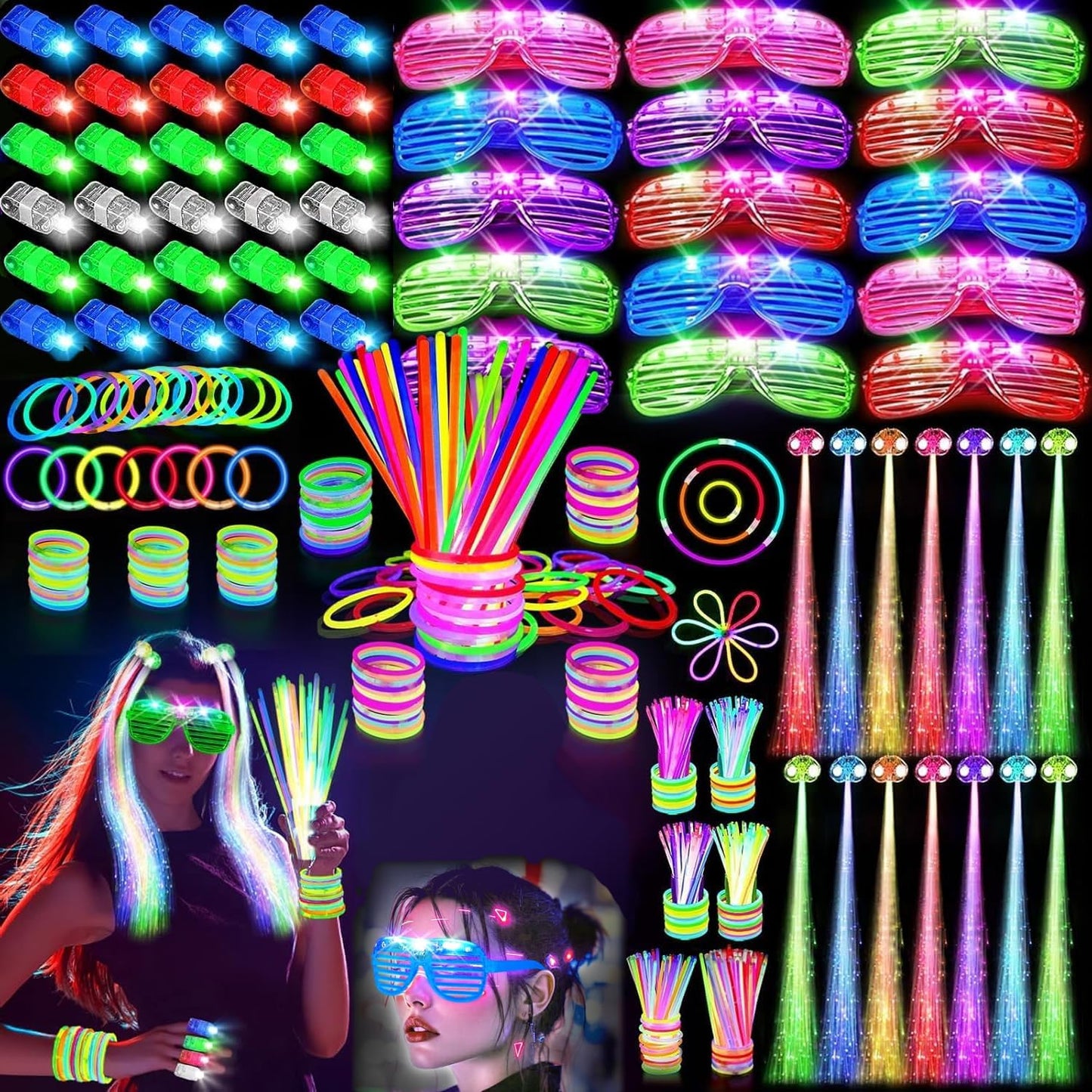 159 PCS Glow in the Dark Party Supplies, 14PCS LED Glasses, 30LED Finger Lights, 15LED Light Hairs and 100PCS Mixed Colors Glow Sticks Bracelets for Halloween, Christmas, Birthday, Glow Party, Wedding
