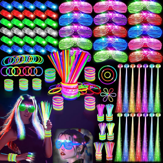 159 PCS Glow in the Dark Party Supplies, 14PCS LED Glasses, 30LED Finger Lights, 15LED Light Hairs and 100PCS Mixed Colors Glow Sticks Bracelets for Halloween, Christmas, Birthday, Glow Party, Wedding