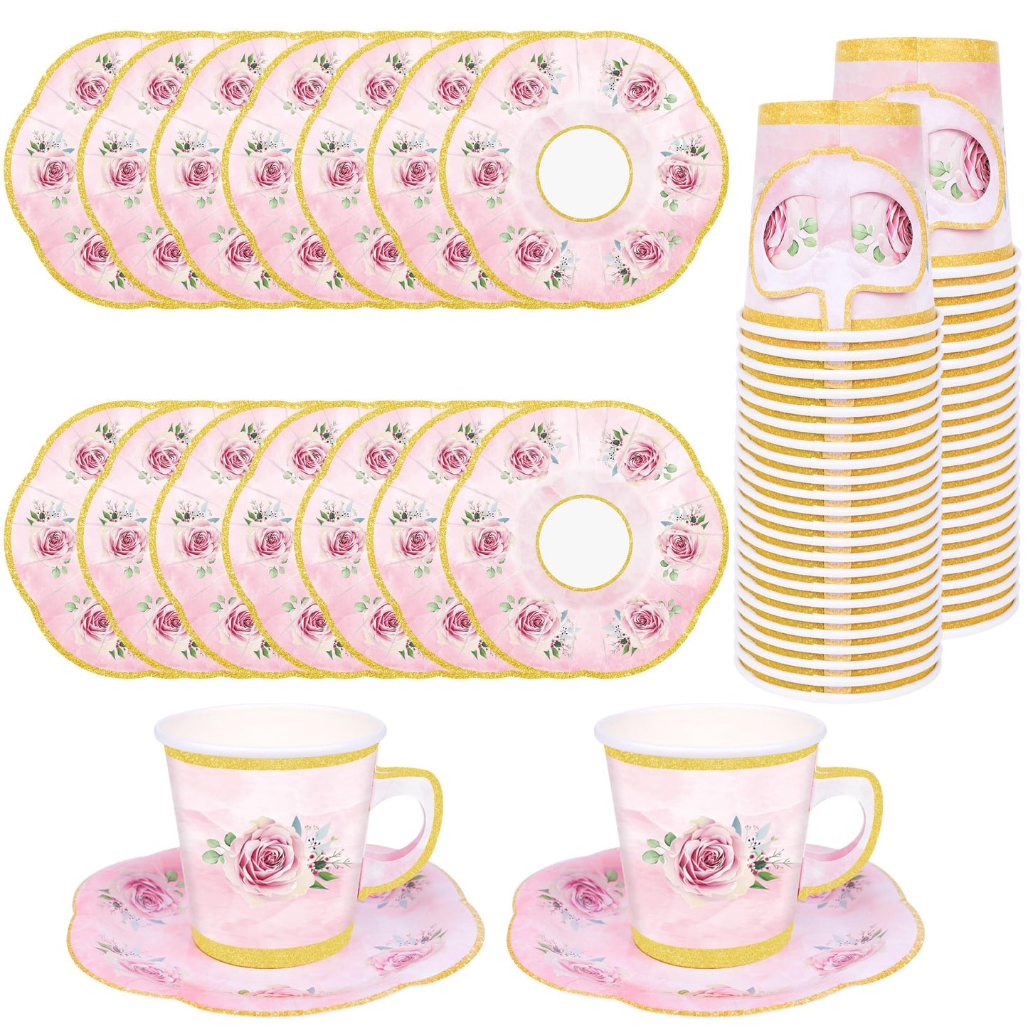 Pink Floral Disposable Paper Tea Cups and Plates Set of 100 with Gold Rim for Hot and Cold Drinks for Wedding, Birthday, Baby Shower, Tea Party, Tea Party Supplies for 50