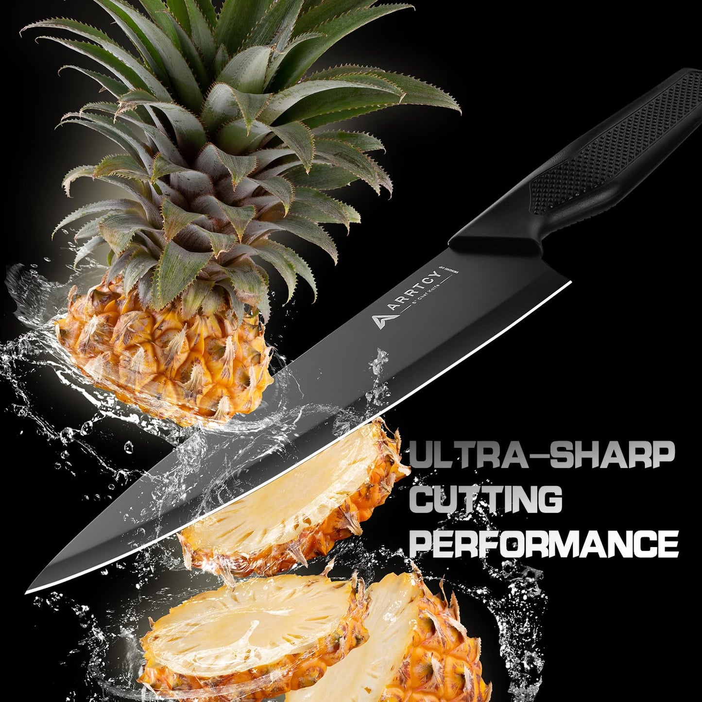 Arrtcy Knife Set - Kitchen Knife Set with Built-in Sharpener - Knife Block Set Dishwasher Safe 15 Piece - Anti-Slip Handle - German Stainless Steel - Black,with Gift Box
