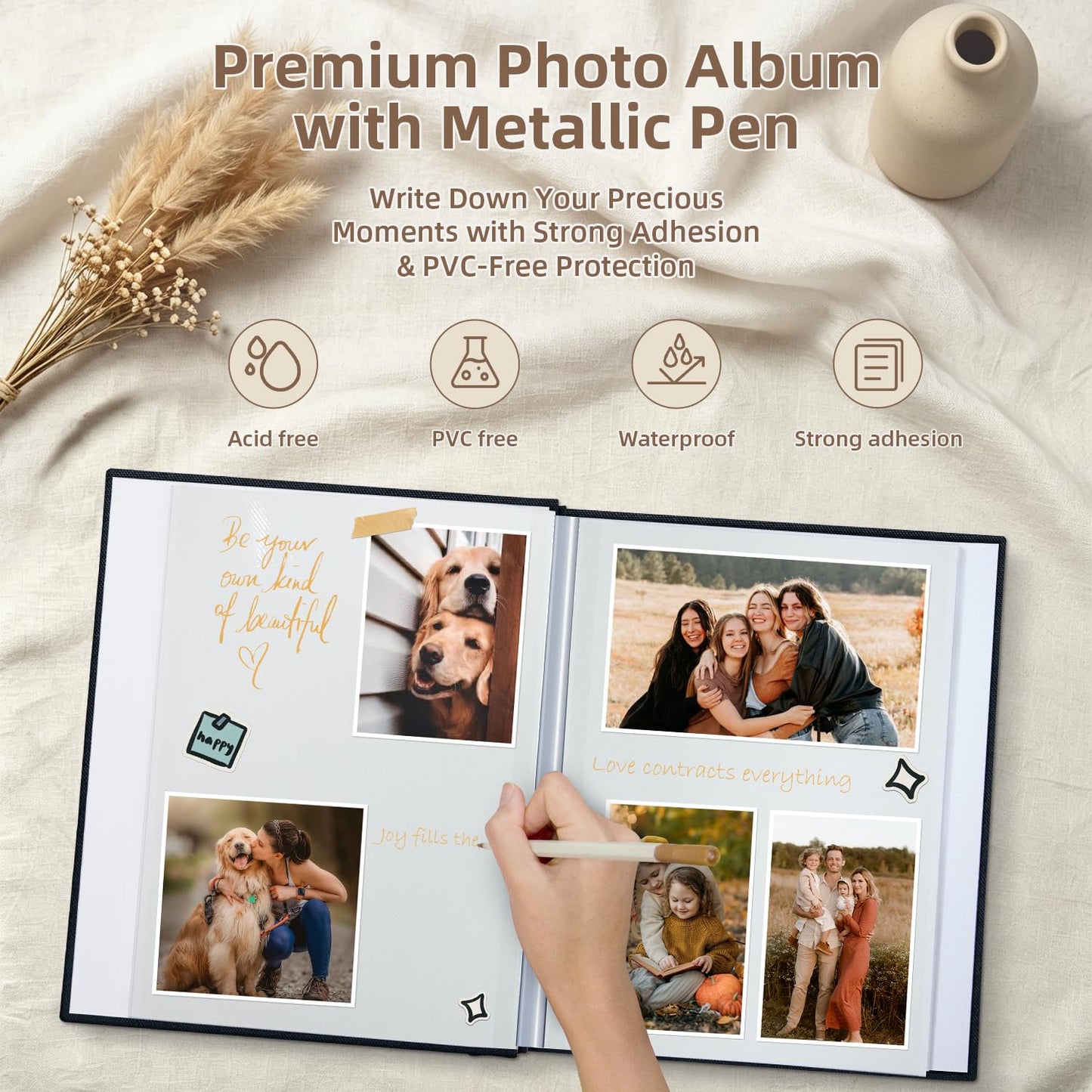 popotop Self Adhesive Photo Album with Display Window, 60 Pages Scrapbook Album for 4x6 8x10 Picture, Black Linen Memory Book for Wedding Baby Travel, with Scraper and Metallic Pen