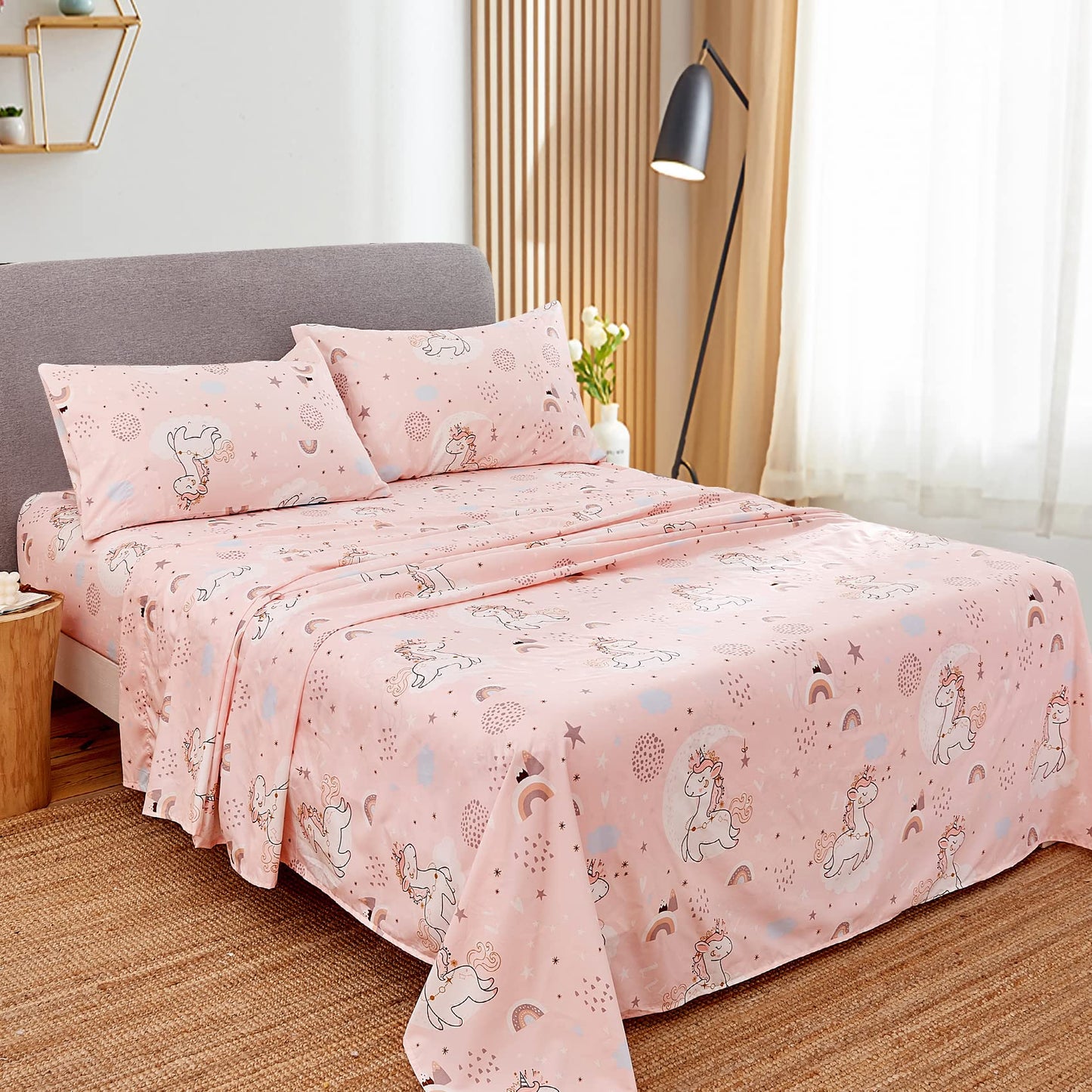 JSD Pink Moon Unicorn Kids Sheet Set Full 4 Piece, Cute Printed Microfiber Bed Sheets for Girls Deep Pocket