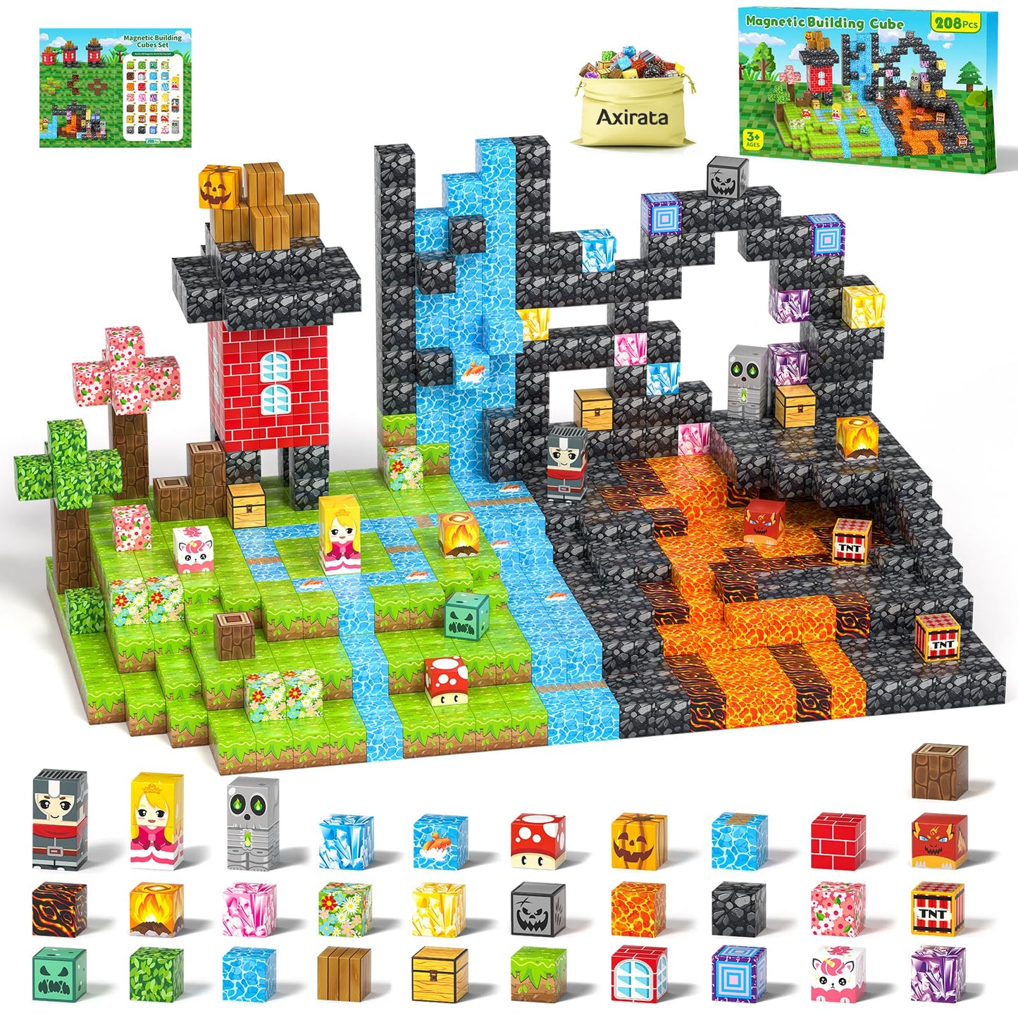 Axirata 208 PCS Magn-etic Building Blocks, Magn-etic Block Building Cubes Set for Kids Toddlers Ages 3+, STEM Sensory Toys Mag-net Tiles Birthday Gifts for Boys and Girls Age 3 4 5 6 7 8 9 10 11 12+