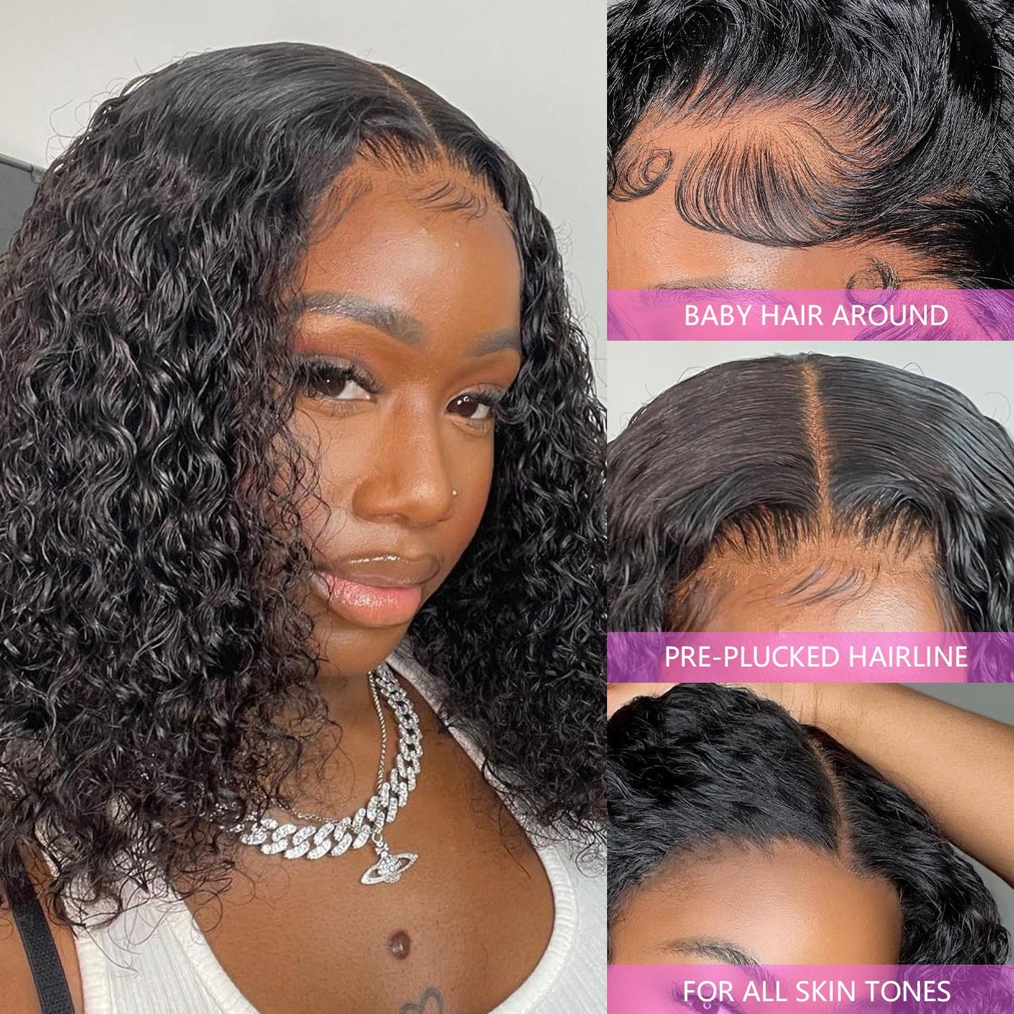 13x4 Deep Wave Lace Front Wigs Human Hair Pre Plucked 12 Inch Glueless Short Curly Bob Wigs for Women Human Hair with Baby Hair 150% Density Brazilian Deep Curly Human Hair Wigs Perruque Femme Humain Naturel Color