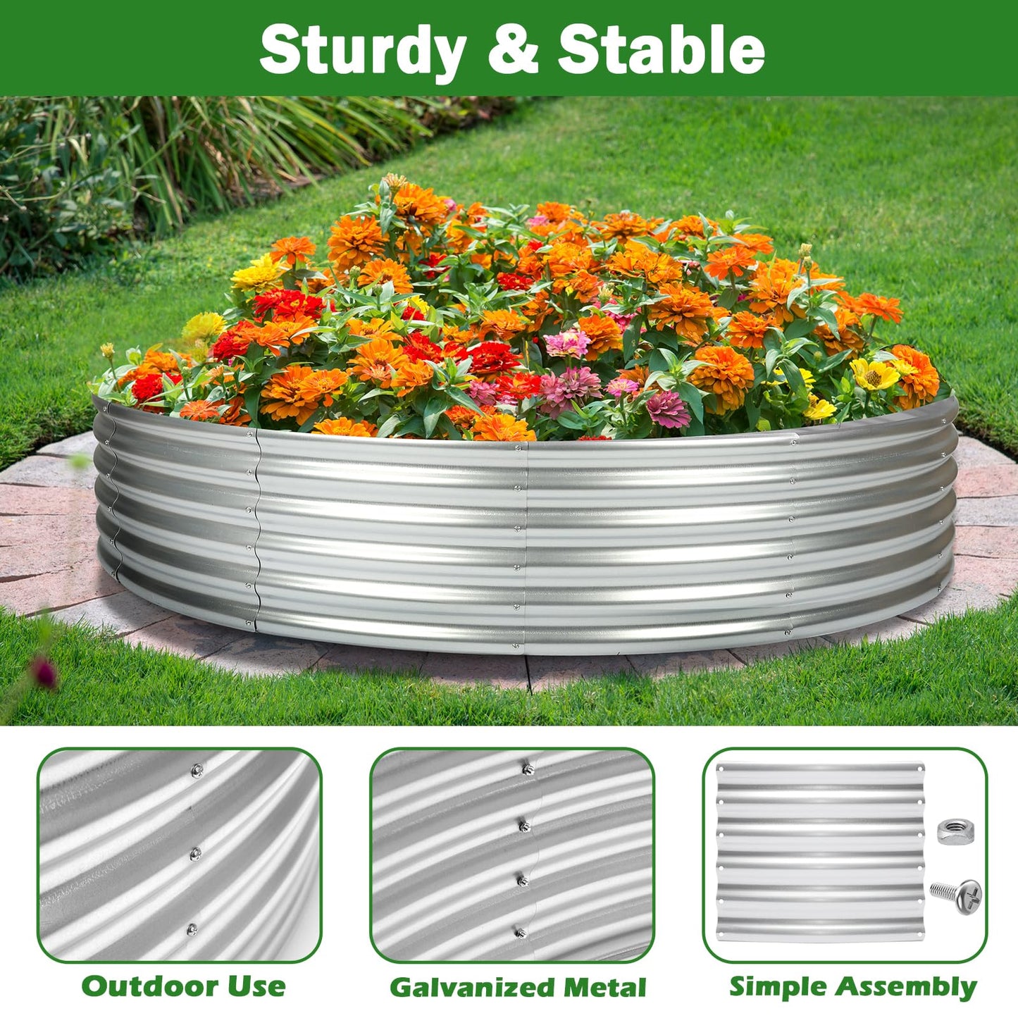 OUSHENG 4x4x1ft Round Galvanized Raised Garden Beds Outdoor, Steel Fire Pit Ring Flower Planter Large Metal Above Ground Boxes Kit for Gardening Vegetables Outside