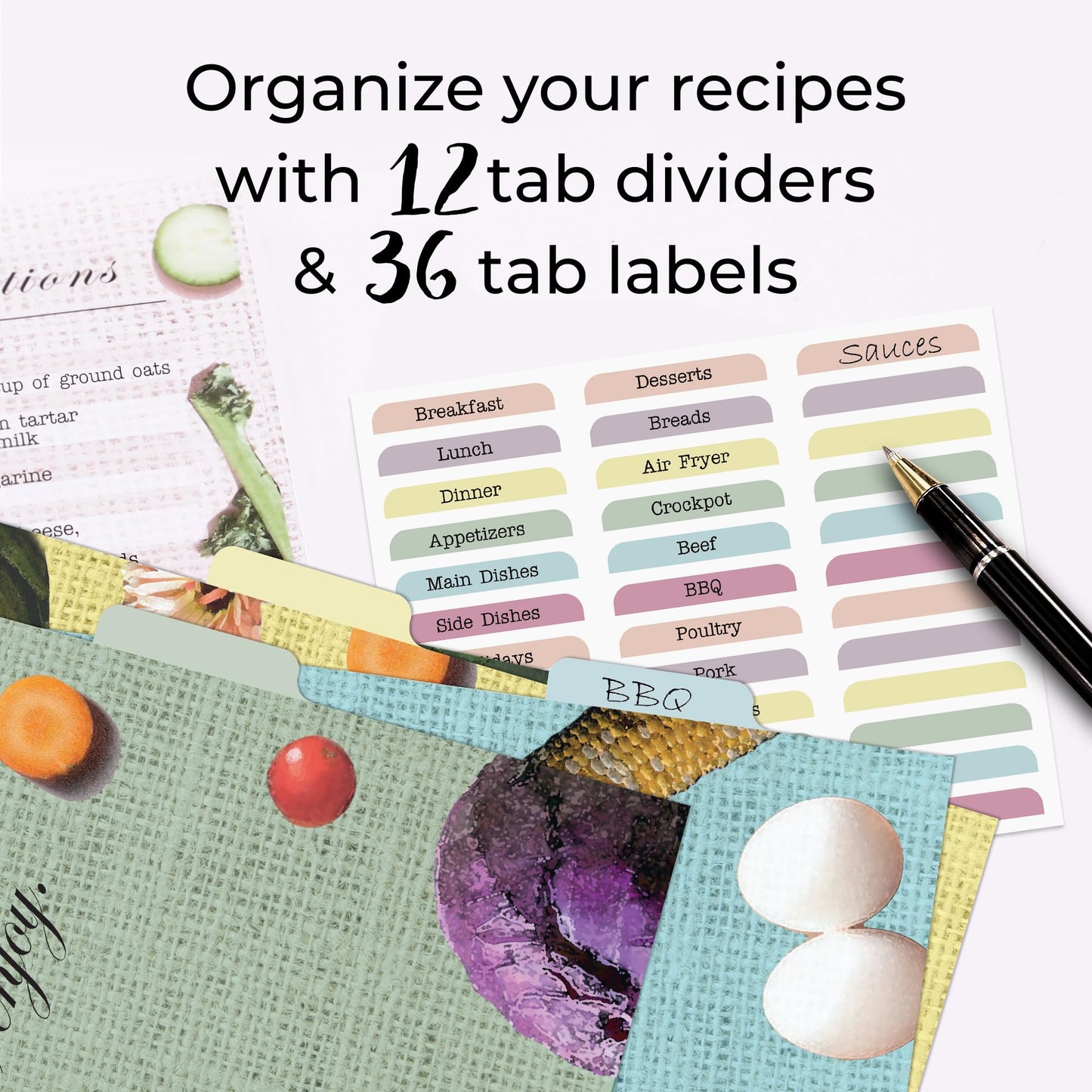 CraftSaints Recipe Binder 8.5x11, 3 Ring DIY Cookbook Binder Kit 12 Dividers & 25 Plastic Sleeves & 25 Recipe Pages & 36 Labels, Recipe Books Binder, Recipe Organizer Binder Kit (Vegetable)