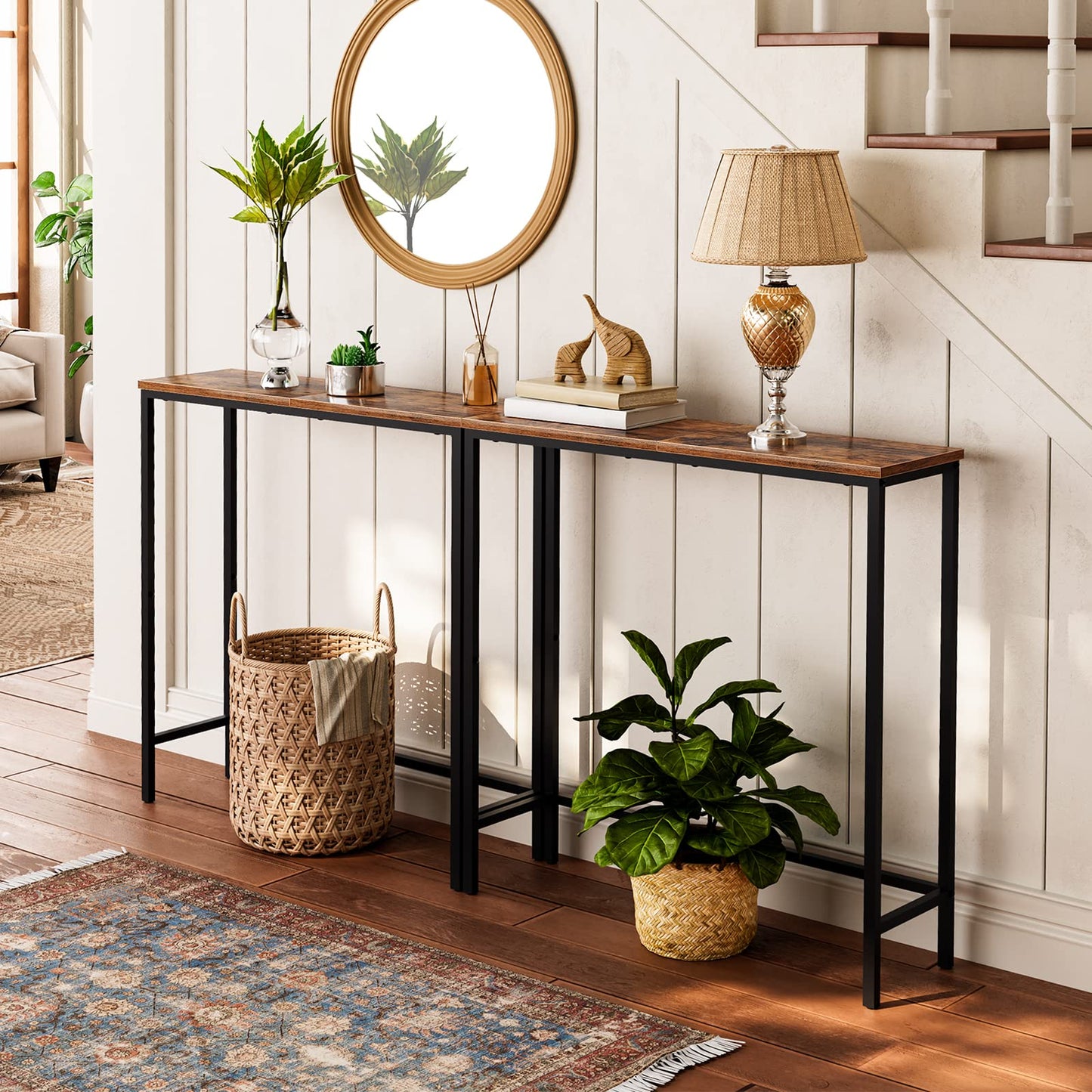 HOOBRO Narrow Console Table, 75 cm Entryway Table, Small Sofa Side Table, Display Table, for Hallway, Bedroom, Living Room, Foyer, Rustic Brown and Black BF75XG01