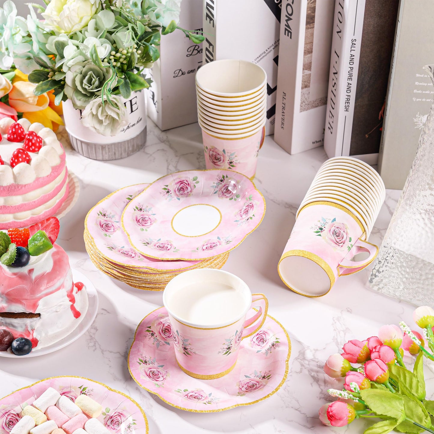 Pink Floral Disposable Paper Tea Cups and Plates Set of 100 with Gold Rim for Hot and Cold Drinks for Wedding, Birthday, Baby Shower, Tea Party, Tea Party Supplies for 50