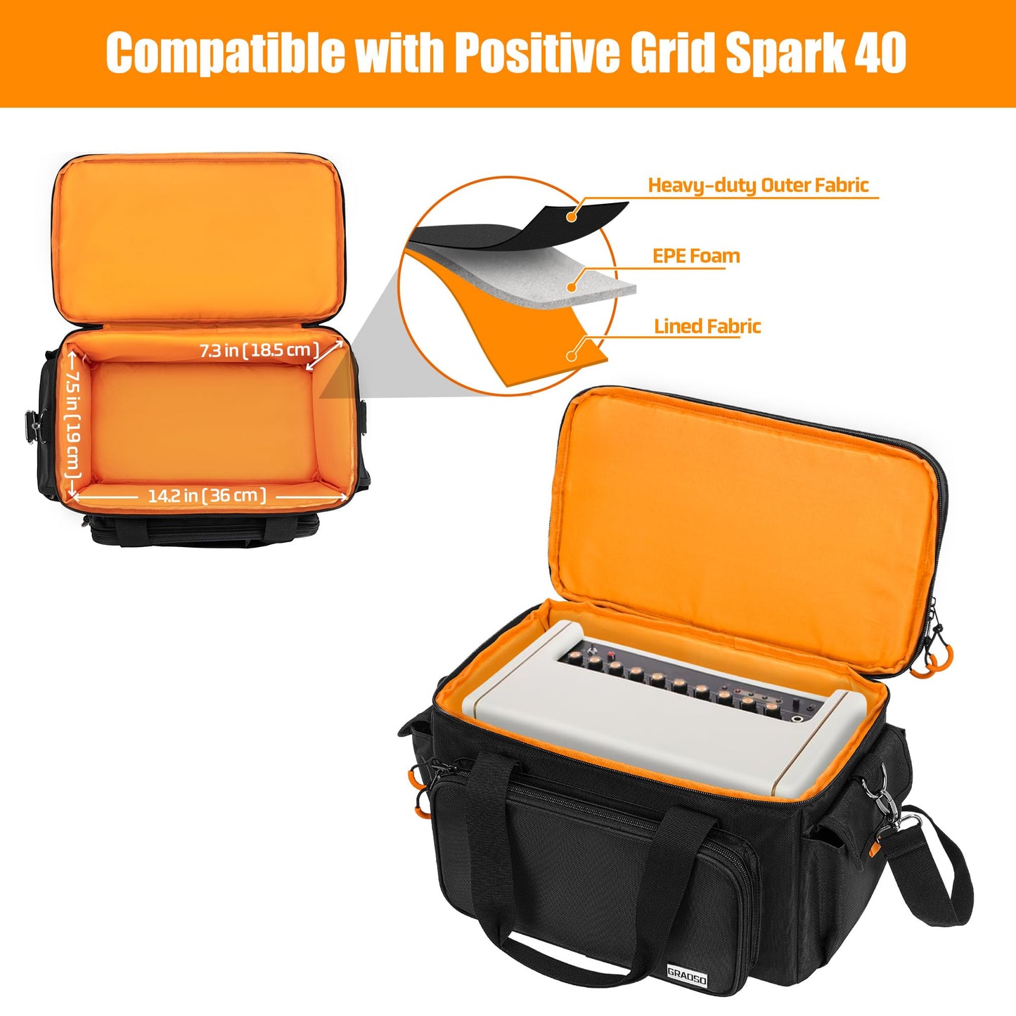 GRAOSO Travel Carry Bag Compatible with Positive Grid Spark 40 Amp, Double Layer Gig Bag with Multiple Pockets for Accessories, Music Gear Case with Handle Strap and Anti-Slip Bottom, Black