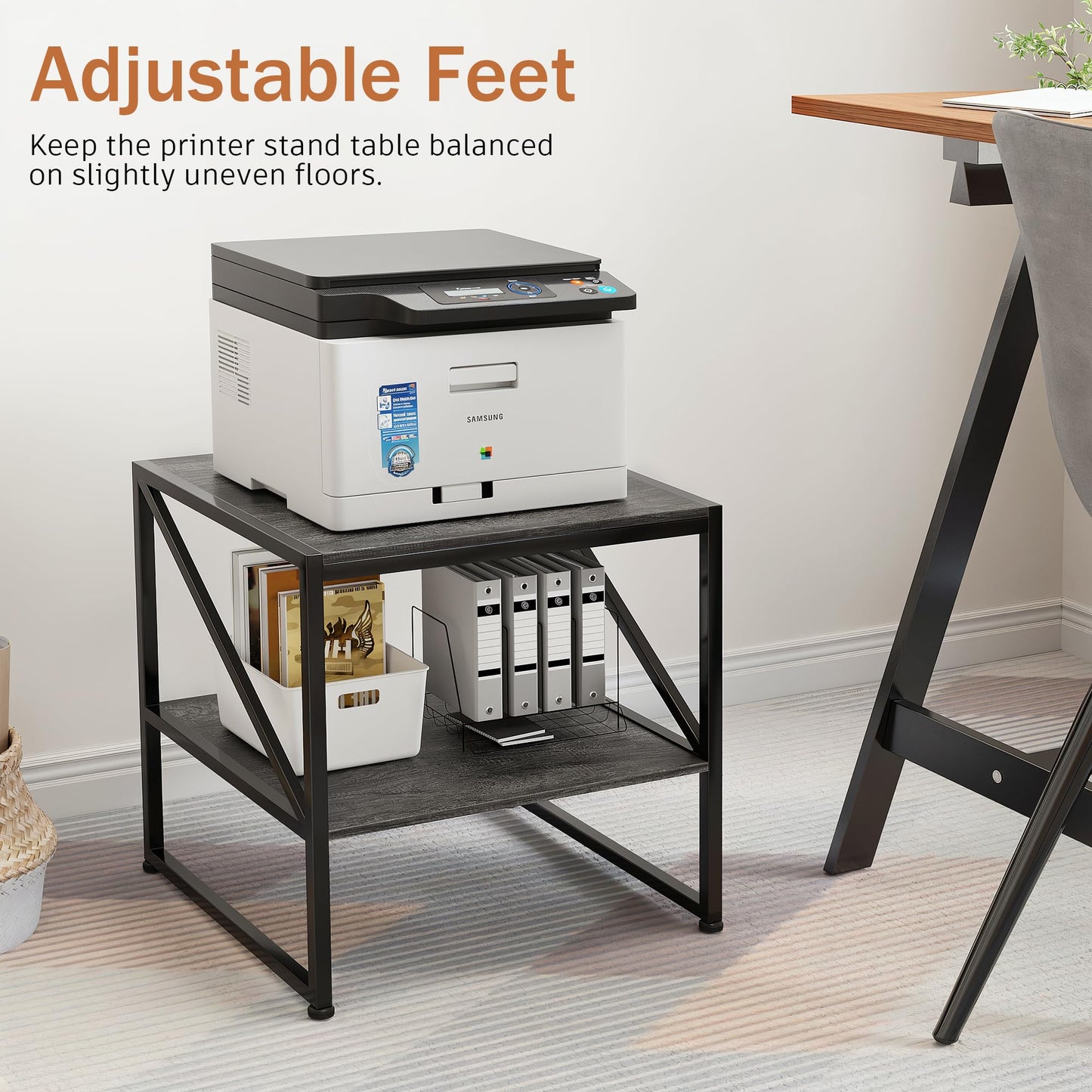 2-Tier Large Priner Stand with Storage Shelf, 20"×20" Under Desk Printer Table for Home Office, End Table for Living Room, Heavy Duty Storage Rack for Scanner Fax Heat Press, Grey Oak