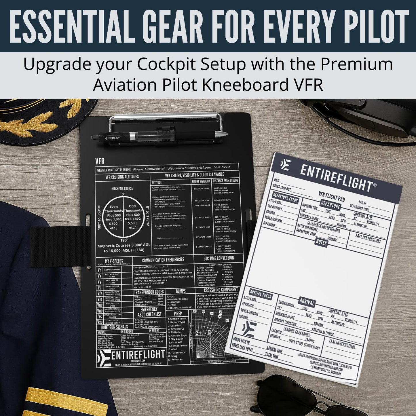 EntireFlight Aviation Pilot Kneeboard-VFR Black With Notepad-Premium Pilot Gear Aviation Accessories - Airplane Grade Aluminum-Elastic Knee Board Strap & Pen|Quality Box Included For Great Pilot Gifts