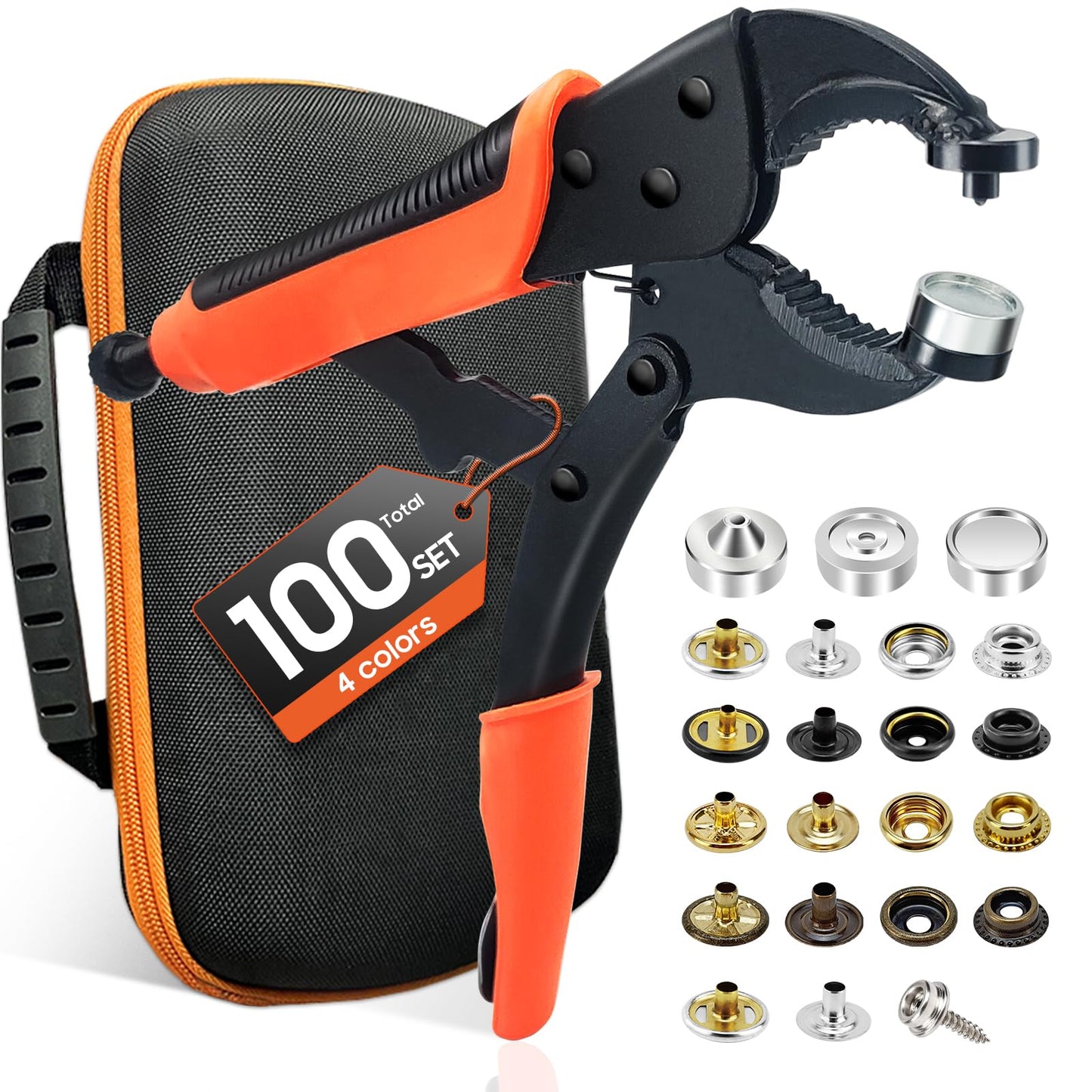 Heavy Duty Snap Fastener Tool kit, Punching Function, Snap Button Tool with Adjustable Setter, 15mm snap Tool Includes 100 Sets Marine Snaps
