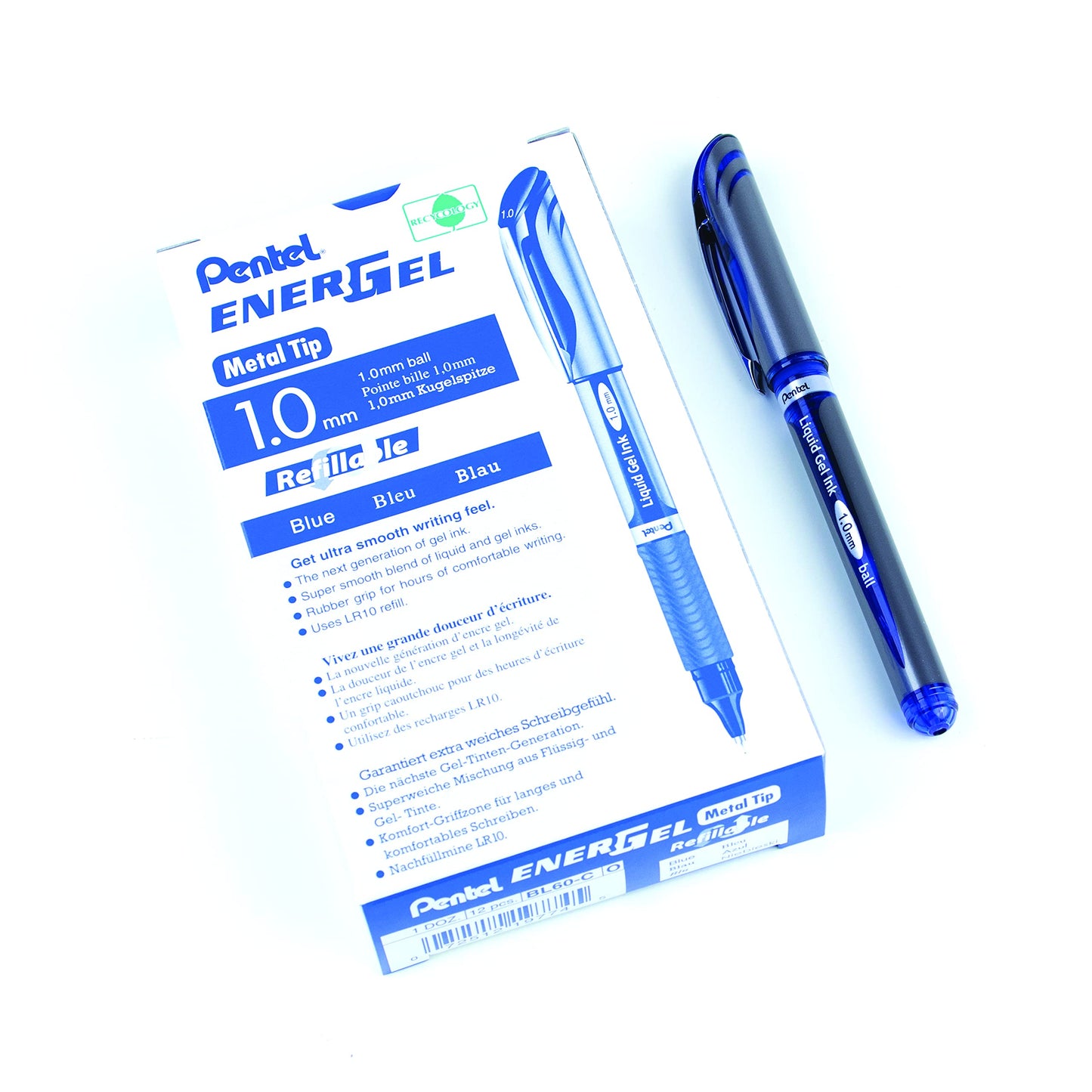 Pentel EnerGel Liquid Gel Rollerball Pen with Cap to Protect Pockets, Everyday Writing, Office Supplies, School Supplies, 1.0mm Bold Point, Blue Ink, BL60-C, Box of 12