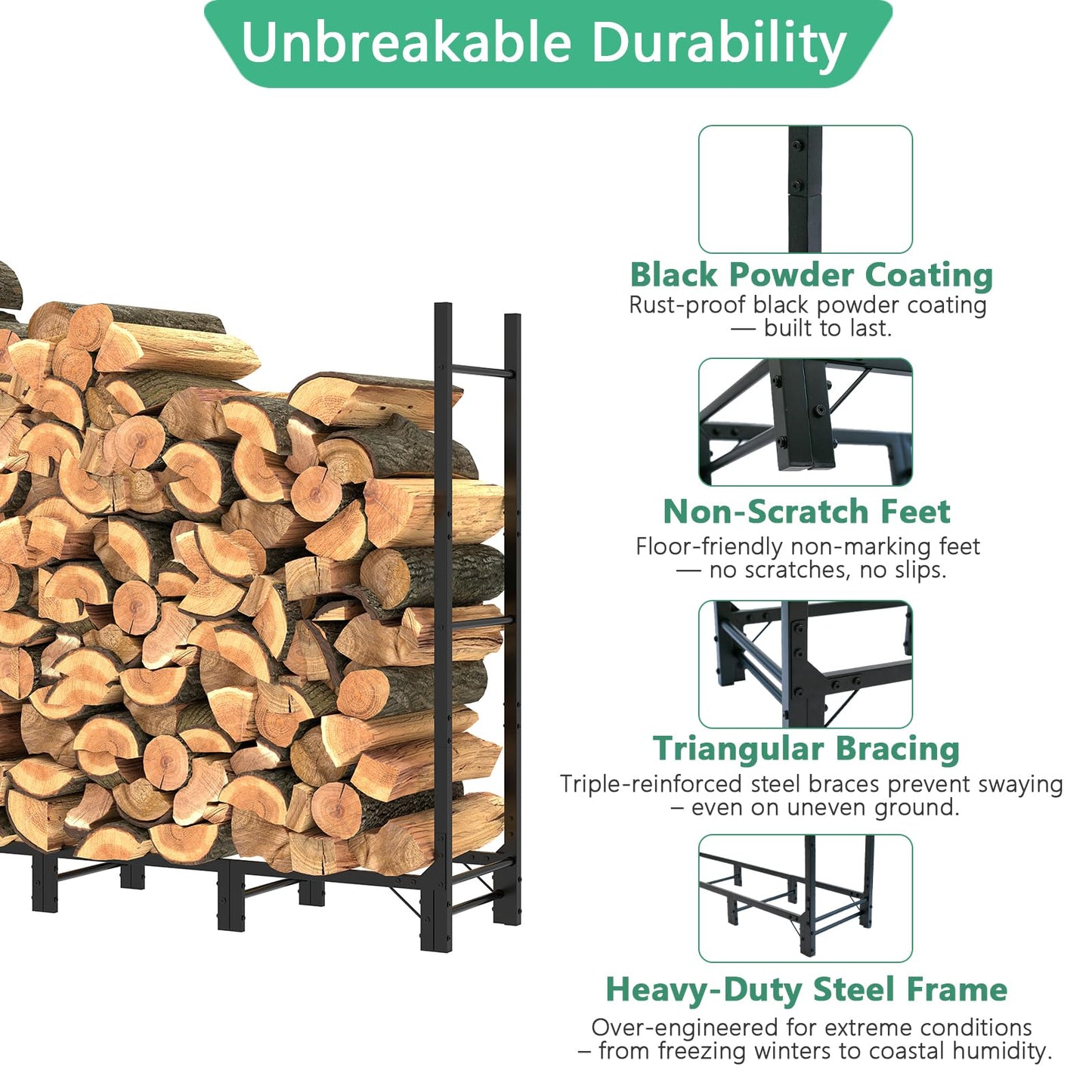 Helios&Hestia 4Ft Outdoor Firewood Rack for Fireplace, Heavy Duty Steel Log Holder, Indoor Wood Pile Storage Organizer, Adjustable Stacker Stand, Black