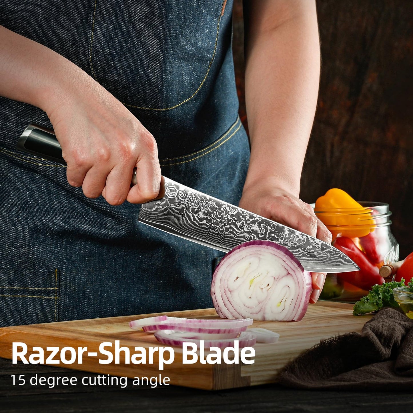 Sunnecko 8 Inch Chef Knife - Ultra Sharp 10-12° Japanese Damascus Knife, VG10 67 Layers Forged Kitchen Knife for Meat Cleaver & Vegetable Slicing, Full Tang Professional Cooking Gift for Father’s Day