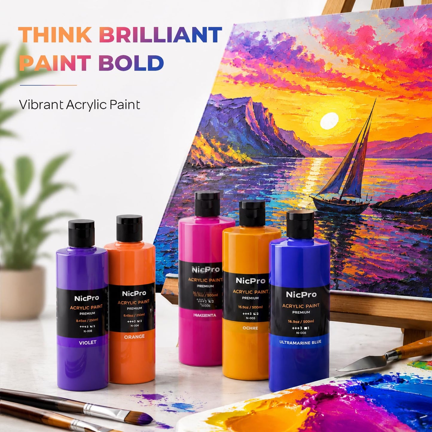 Nicpro 14 Colors Large Bulk Acrylic Paint Set (16.9 oz,500 ml) Rich Art Painting Supplies, Non Toxic for Multi Surface Pumpkin Canvas Wood Ceramic Leather Fabric Craft, for Beginners Adults with Color Wheel