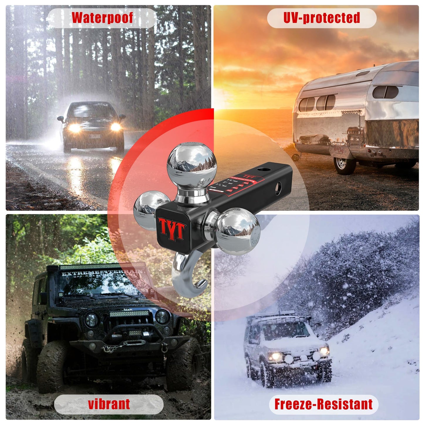 TYT Trailer Hitch Tri Ball Mount with Tow Hook,Fits 2 inch Receiver,Triple Balls (1-7/8", 2", 2-5/16"),10,000 lbs GTW,1,000 lbs TW,with Hitch pin