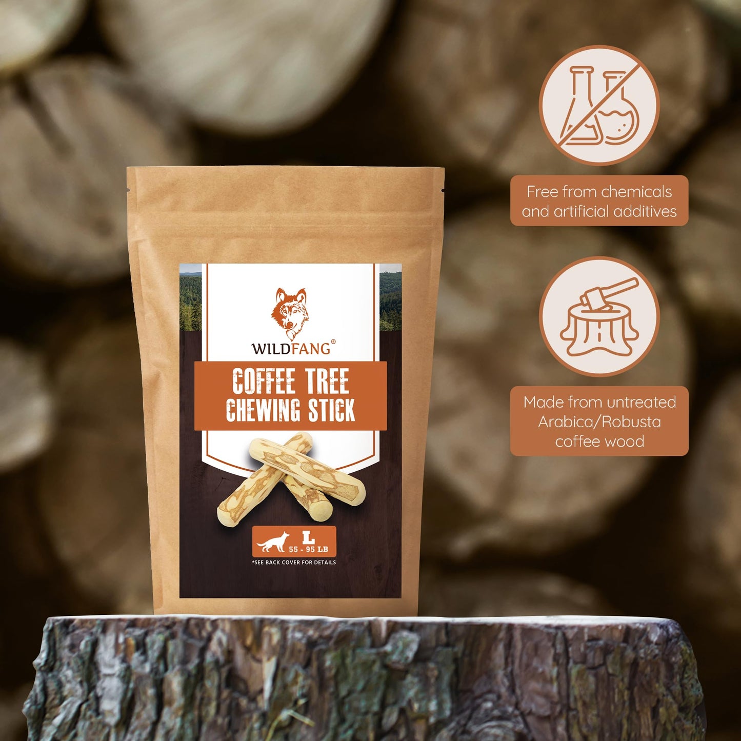 Wildfang® Coffee Wood Dog Chew, L – Durable Chew Toy for Aggressive Chewers, Puppy Teething Toy, Helps Strengthen Chewing Muscles, Coffee Tree Stick for Large Dogs 25–45 kg (Pack of 3)