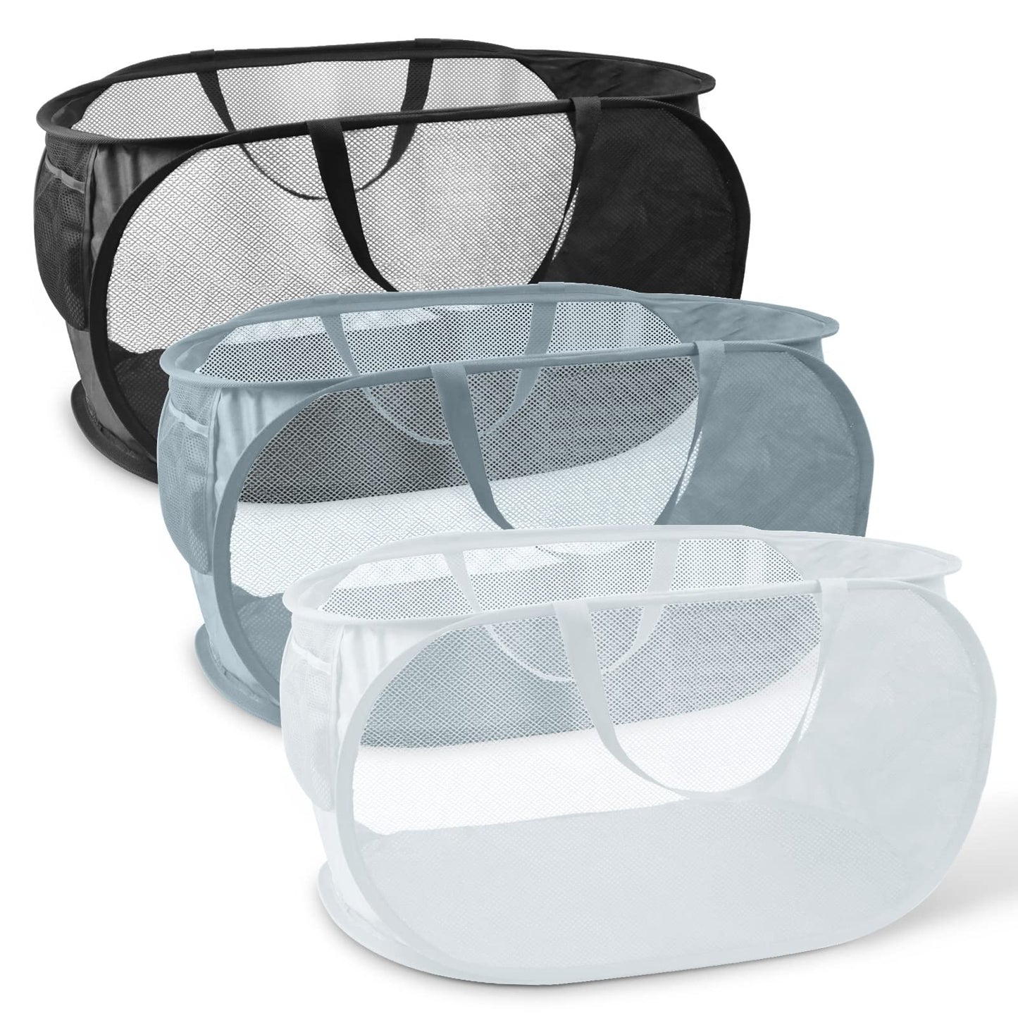 LELE LIFE Reinforced Collapsible Laundry Baskets, 3Pcs High-Strength Mesh Pop Up Laundry Hamper, Foldable Clothes Hamper with Handles and Side Pocket for Laundry Room Dorm, Horizontal