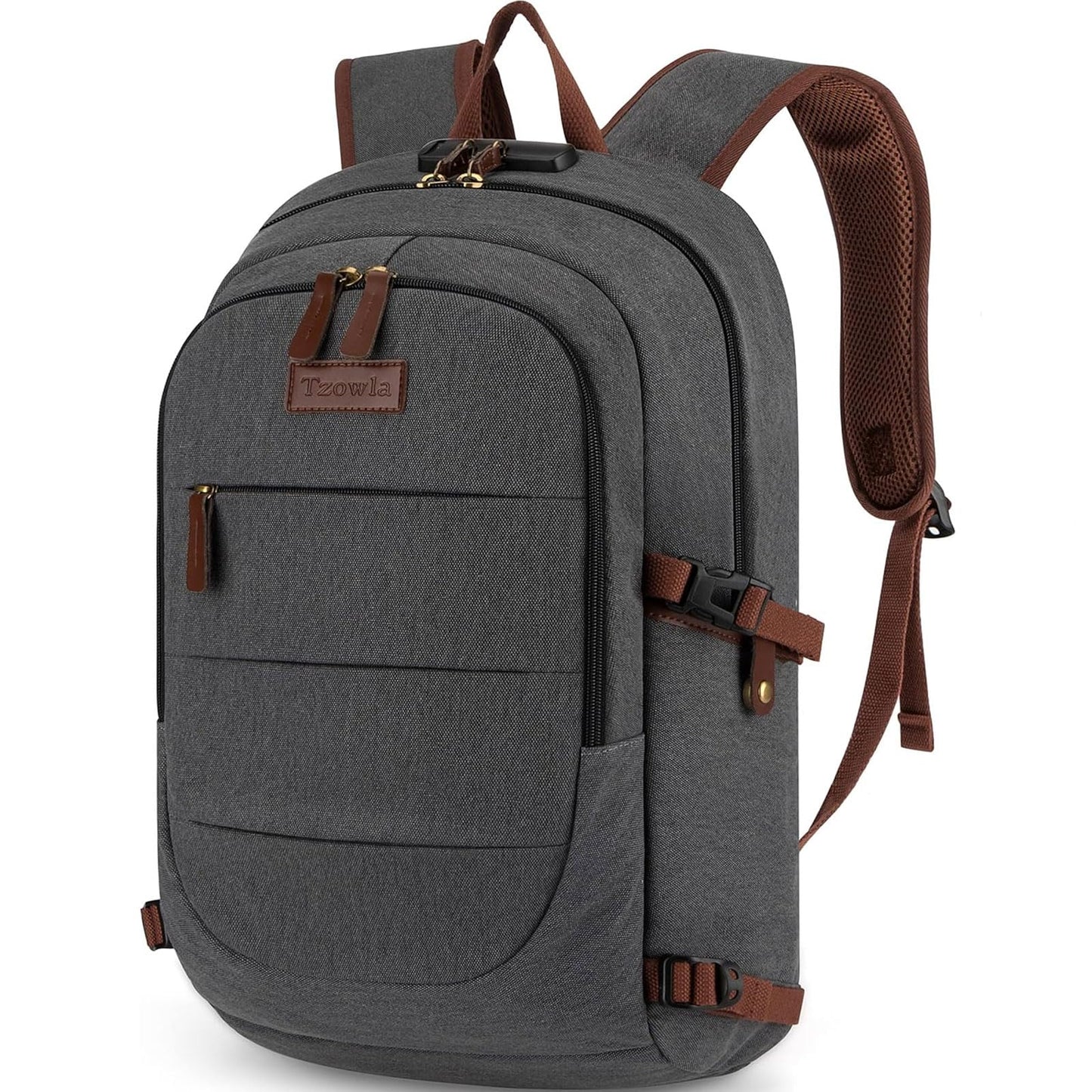 Tzowla Canvas Laptop Backpack Men,Bag for Women,Anti-Theft Rucksack Fits 15.6 Inch Laptop,School Work Travel College Backpack,Bookbag with USB Charging Port and Lock,Dark Grey