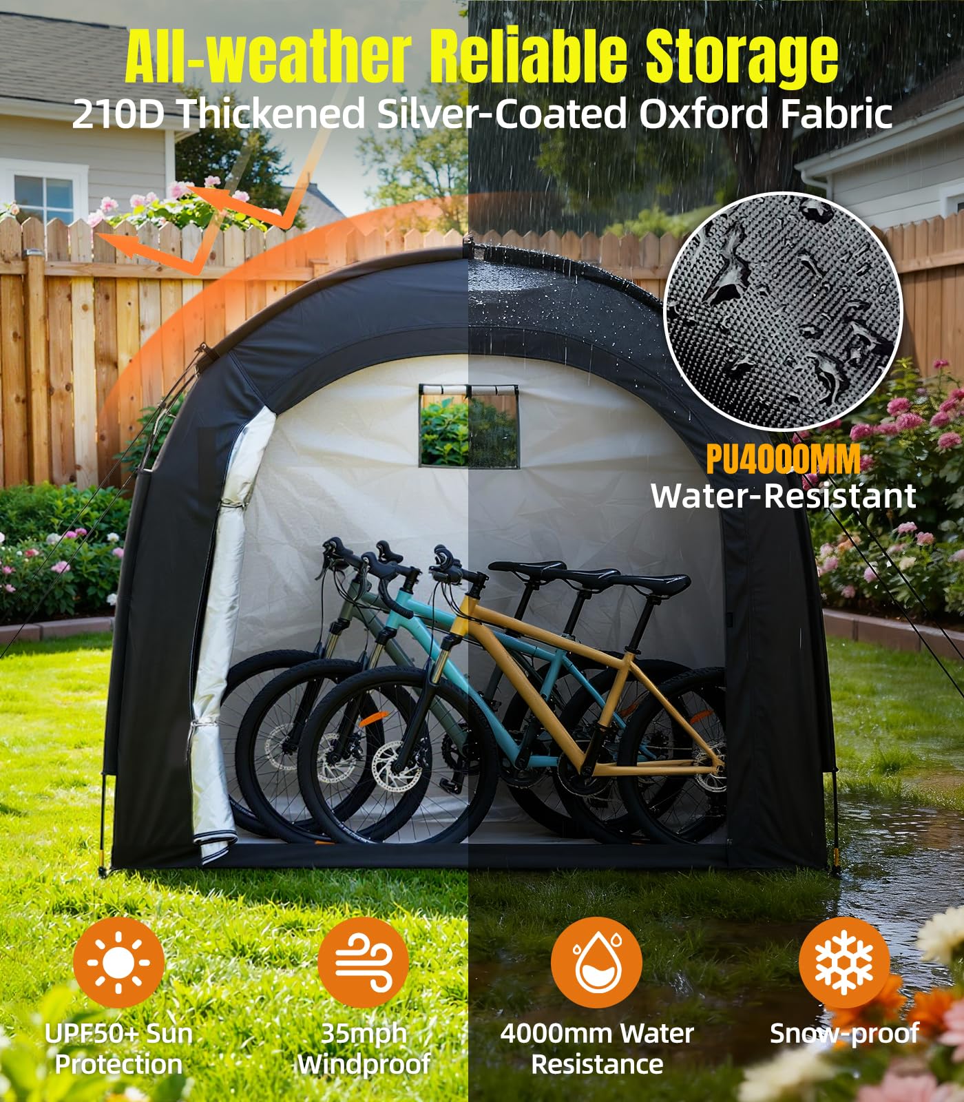 Housolution Bike Storage Tent Shed for 3 Bikes, Outdoor Portable 210D Oxford Thick PU4000 Waterproof Bike Cover with Ventilated Window, Bike Tent Fit for Bicycle, Lawn Mower, Garden Tools