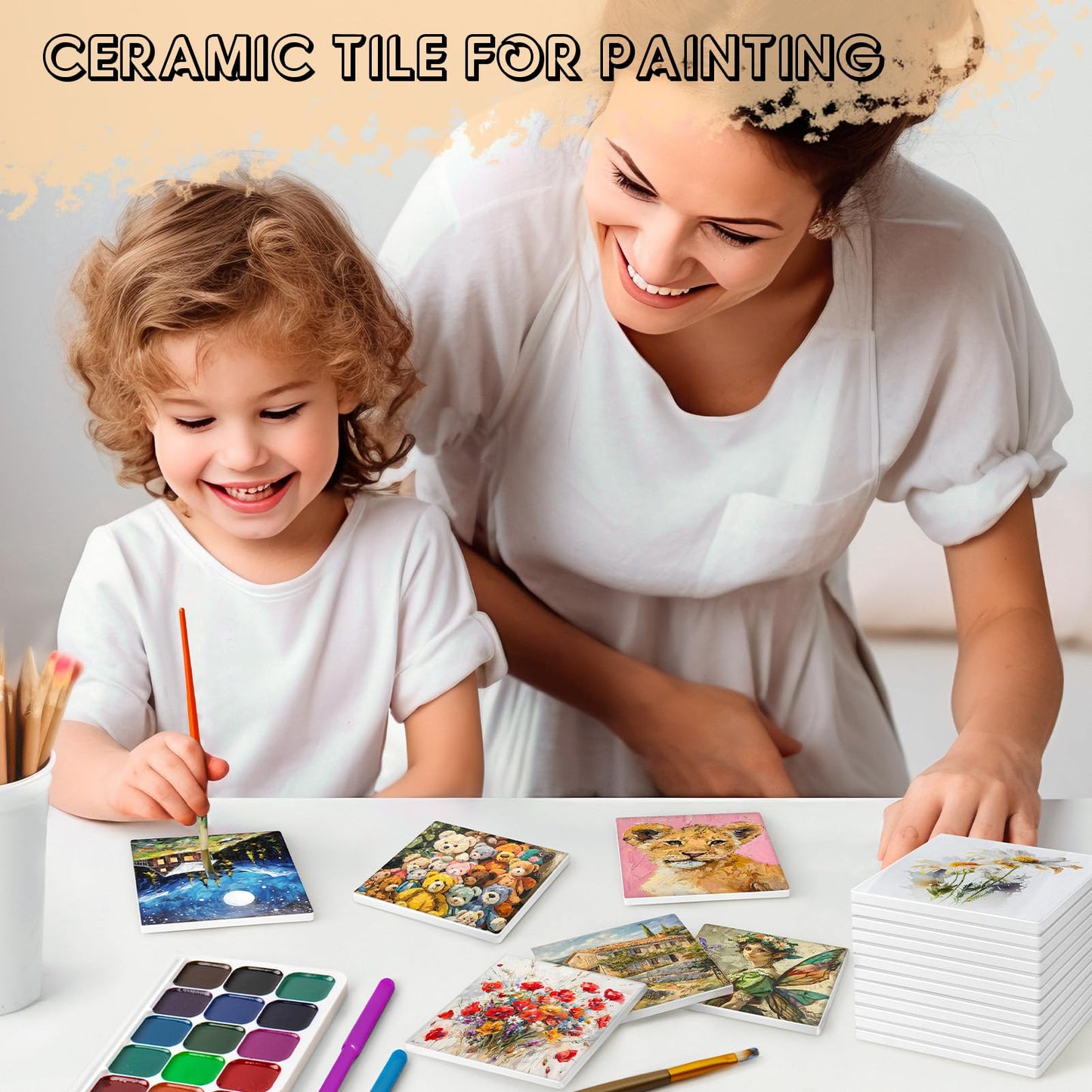 24 Pieces Sublimation Coasters, GOH DODD Ceramic Tiles for Crafts Glossy Glazed White Blanks for Alcohol Ink, Painting, Heat Transfer, Housewarming Gifts Wedding Party Education, Round, 4 inch, Square