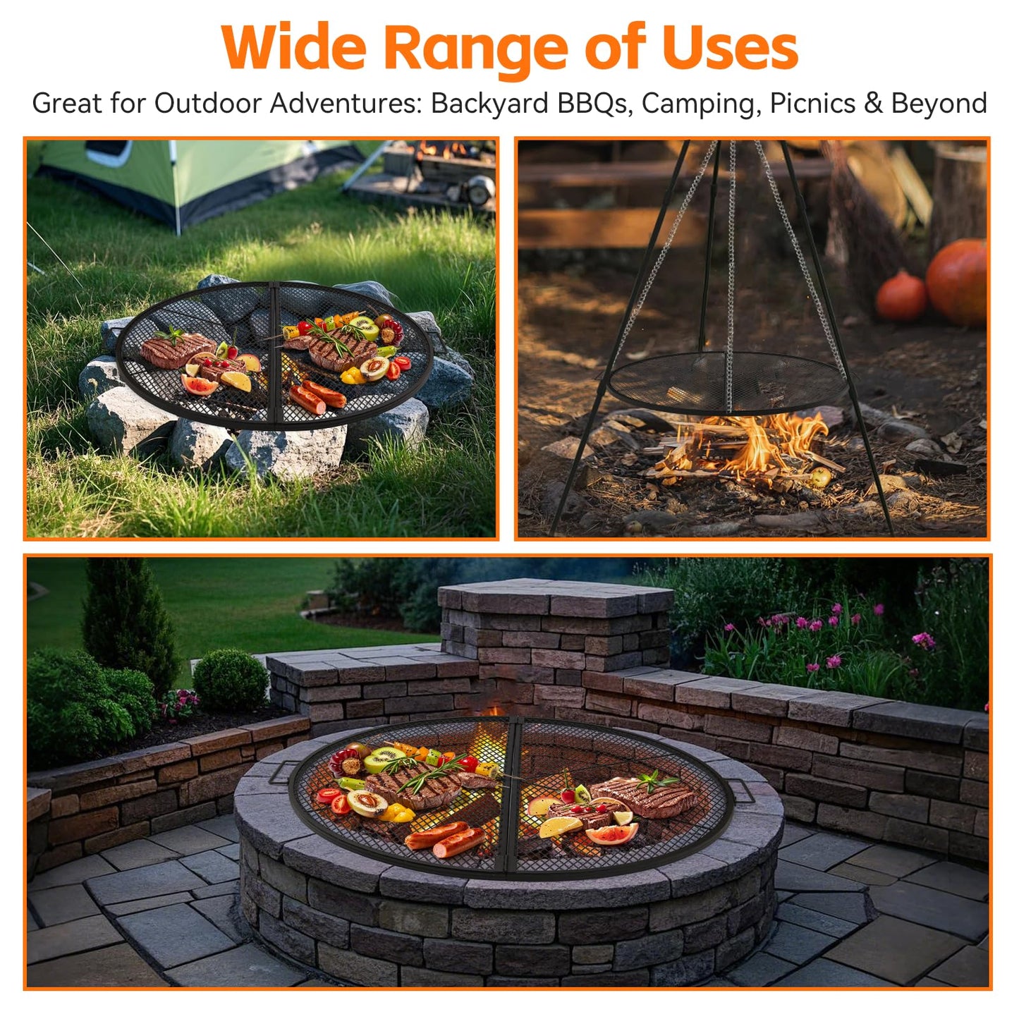 METORICO X-Marks Fire Pit Cooking Grill Grate with Support X Wire - Heavy Duty Folding Round Campfire Grill Grid - Portable Camping Cookware for Outside Party Gathering - 30 inch