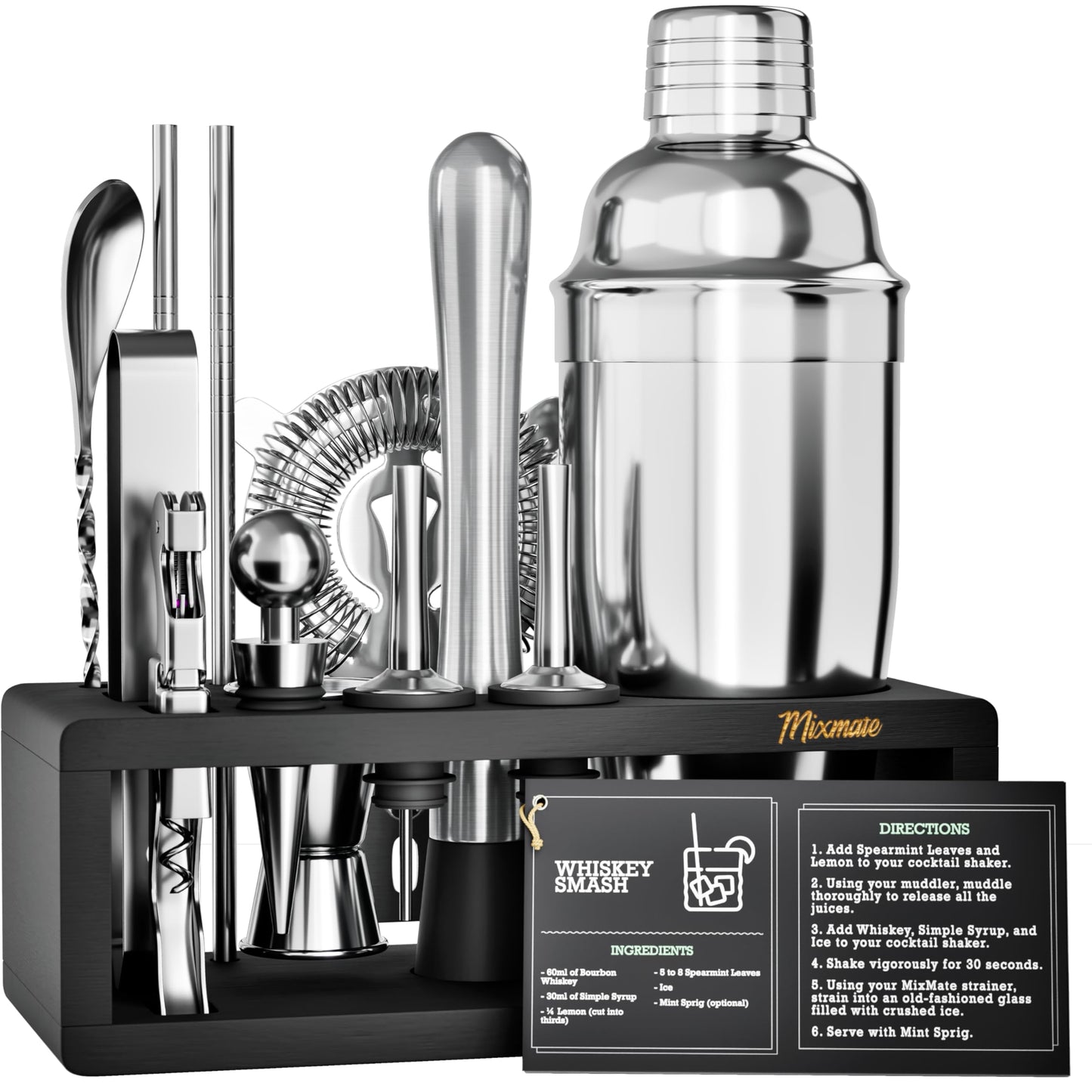 Mixology Bartender Kit with Stand | 15 Piece Bar Tool Set, Silver Bar Set Cocktail Shaker Set for Drink Mixing - Includes Martini Shaker, Jigger, Strainer, Bar Mixer Spoon, Tongs | Gift Idea (Silver)