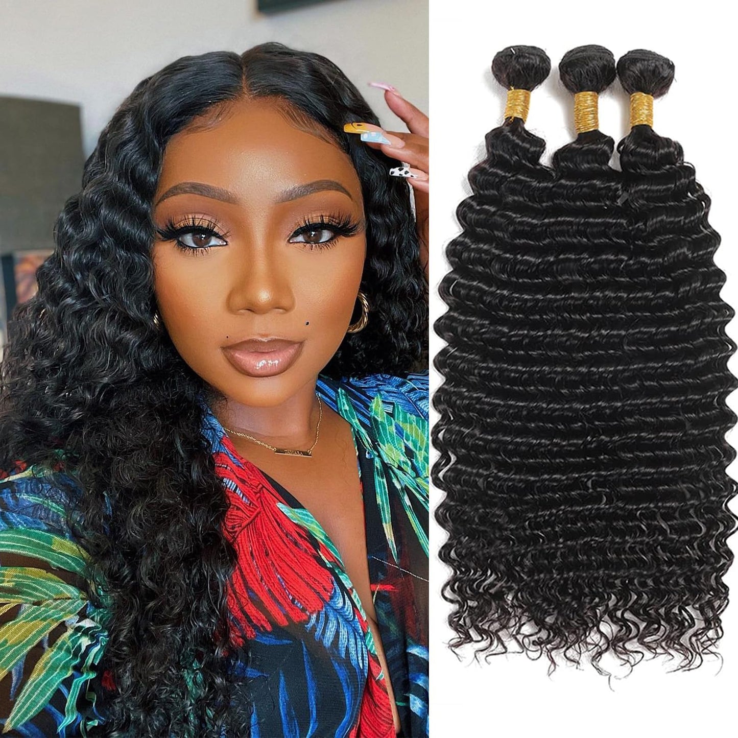 Human Hair Bundles Deep Wave 10 12 14 Inch 10A Brazilian Virgin Hair Extensions for Women 100% Unprocessed Wet and Wavy 3 Bundles Human Hair Cheveux Humain Natural Black