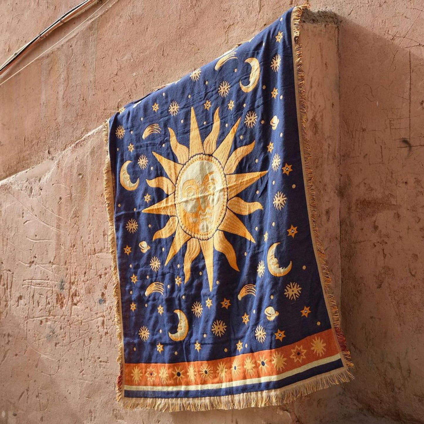 Boho Throw Blanket | Double-Sided Cotton Boho Blanket | Tasseled, Celestial Tapestry | Ideal for Western Decor, Sofa, Bed, Travel | Yellow/Blue, 71"x51"