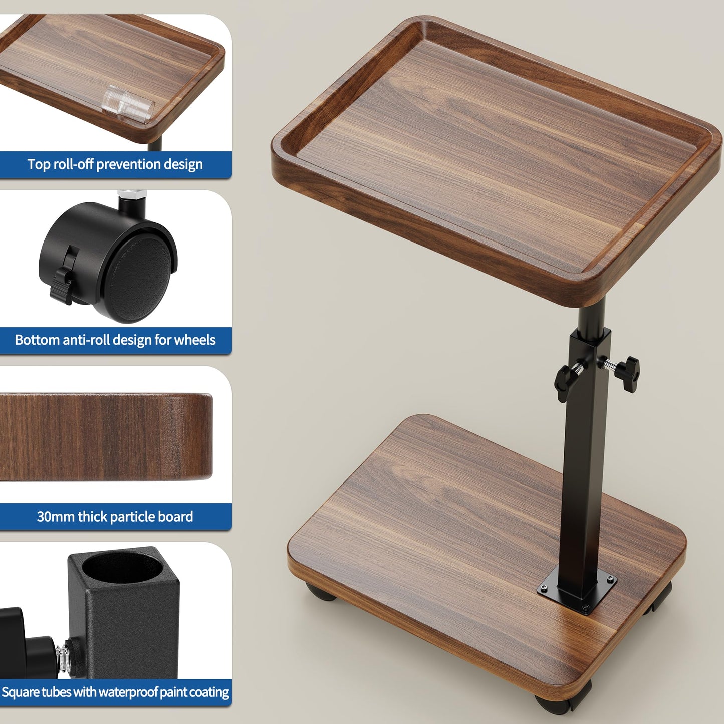C Table End Table Adjustable Height, 360°Swivel TV Tray Table for Small Spaces, Couch Tables that Slide Under (Walnut-Height Djustable)