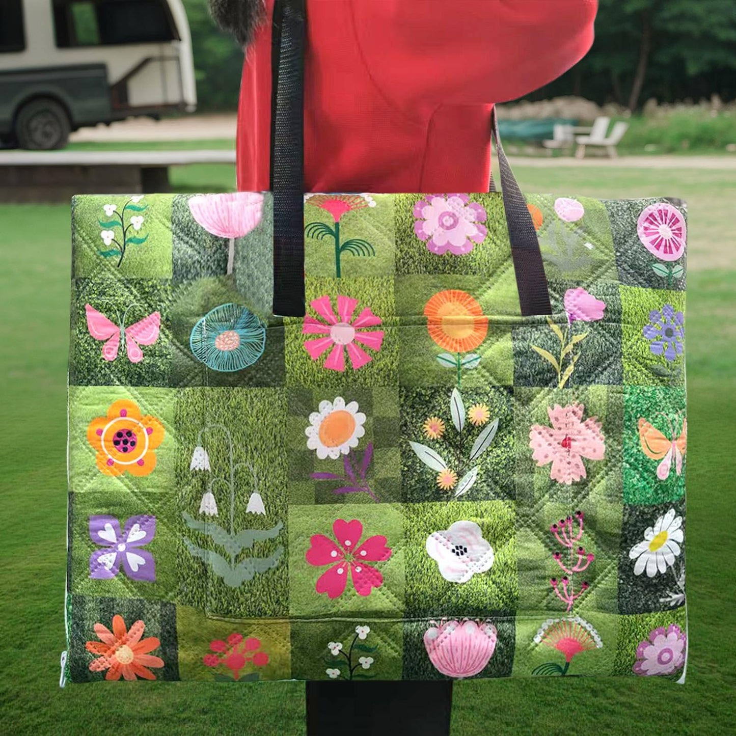 Floral Picnic Blanket 60"X80" Waterproof Foldable Large Outdoor Picnic Quilted Blanket Bag 2 in 1 Camping Flowers Machine Washable Picnic Mat Sandproof Backing Blanket for Grass Hiking Beach