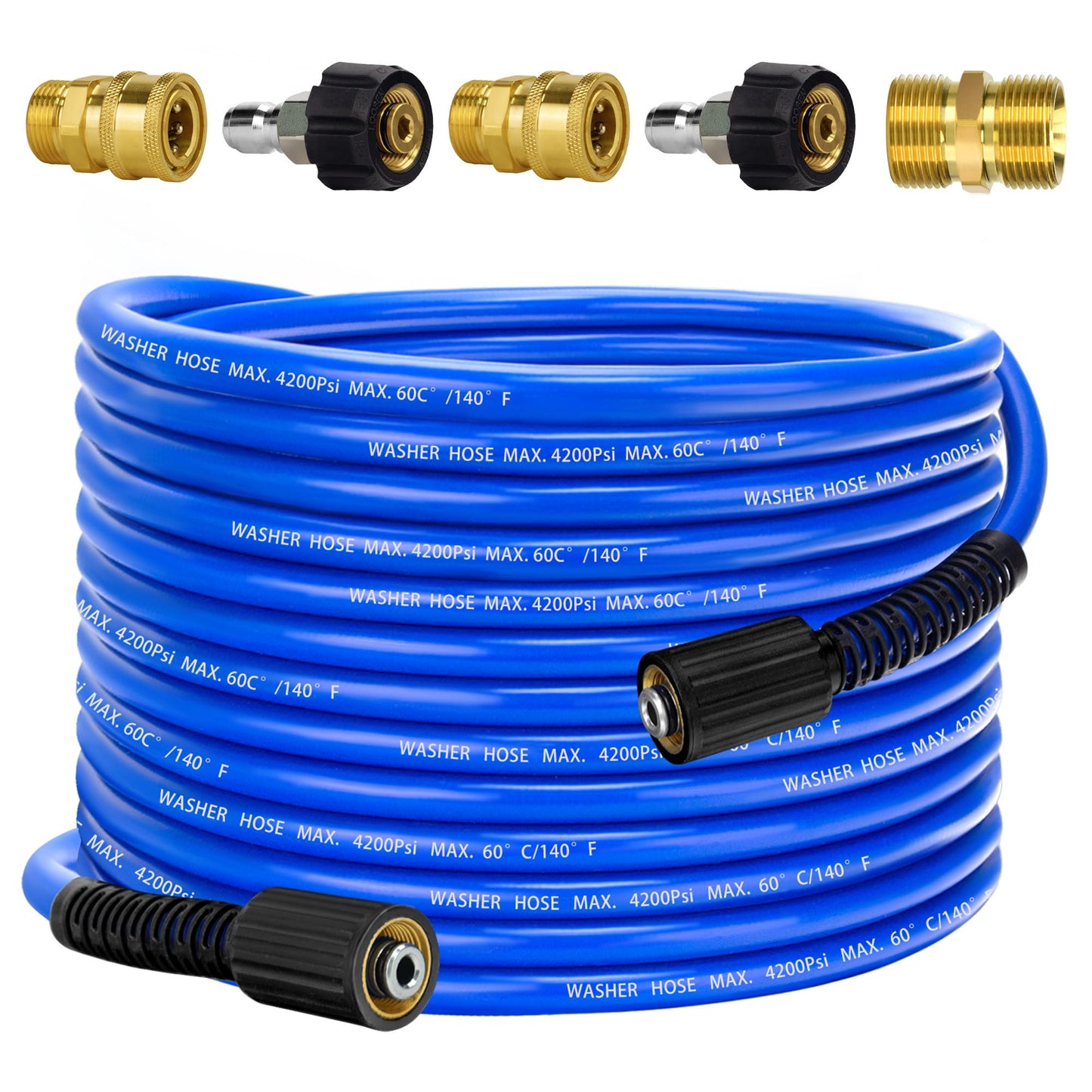 Pressure Power Washer Hose 50 FT x 1/4", Super Flexible Kink Resistant Car Washer Replacement with M22 Fittings & 3/8" Quick Connect Adapters for Ryobi Troy Bilt Flexzilla Greenworks & More, 4200PSI