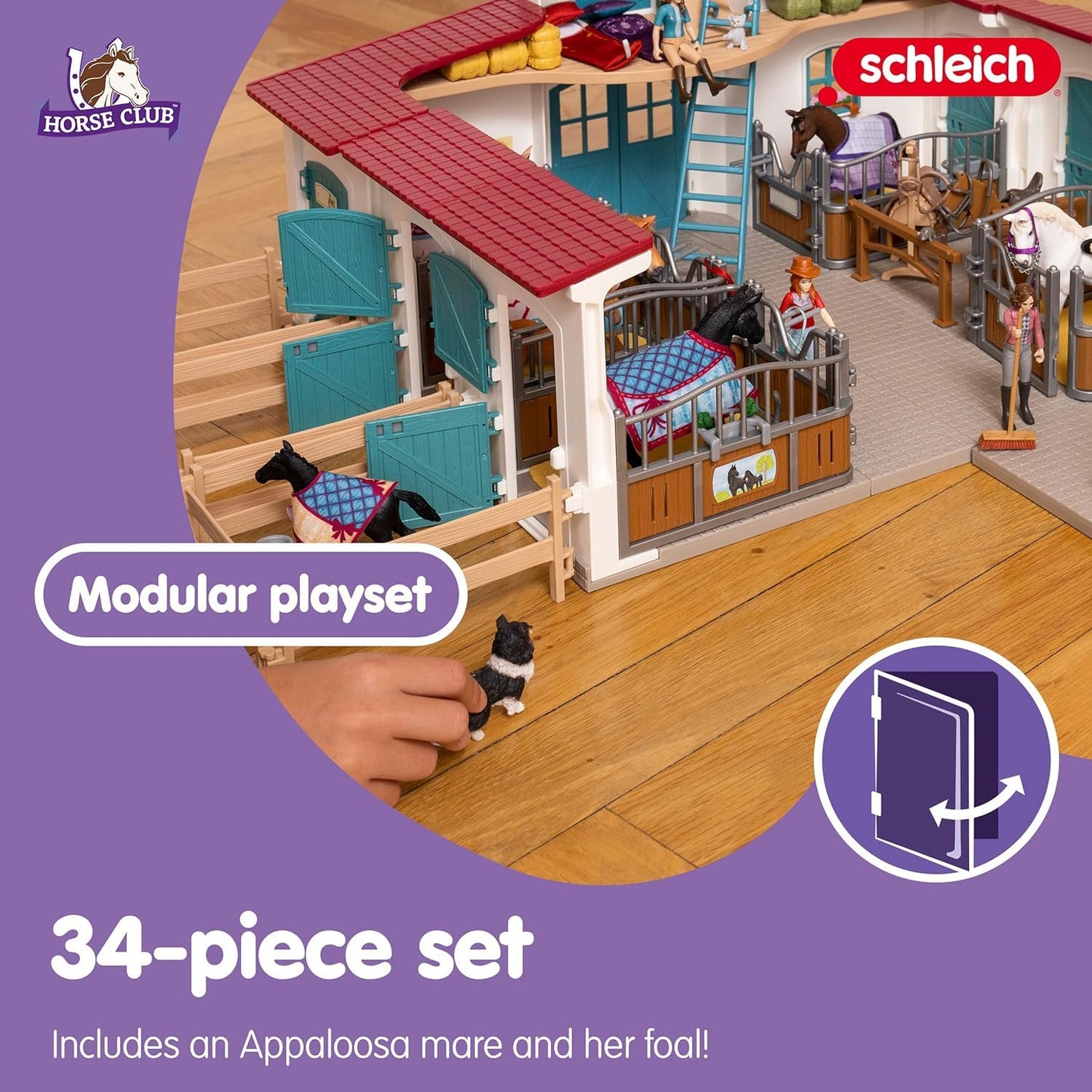 Schleich Horse Club - 34PC Stall Extension Horse Toy Playset with Mare and Foal Figure, Cat Figurine, and Accessories - Stable Set for Girls and Boys - Interactive, Realistic Kids Toys Ages 5+ - 42611