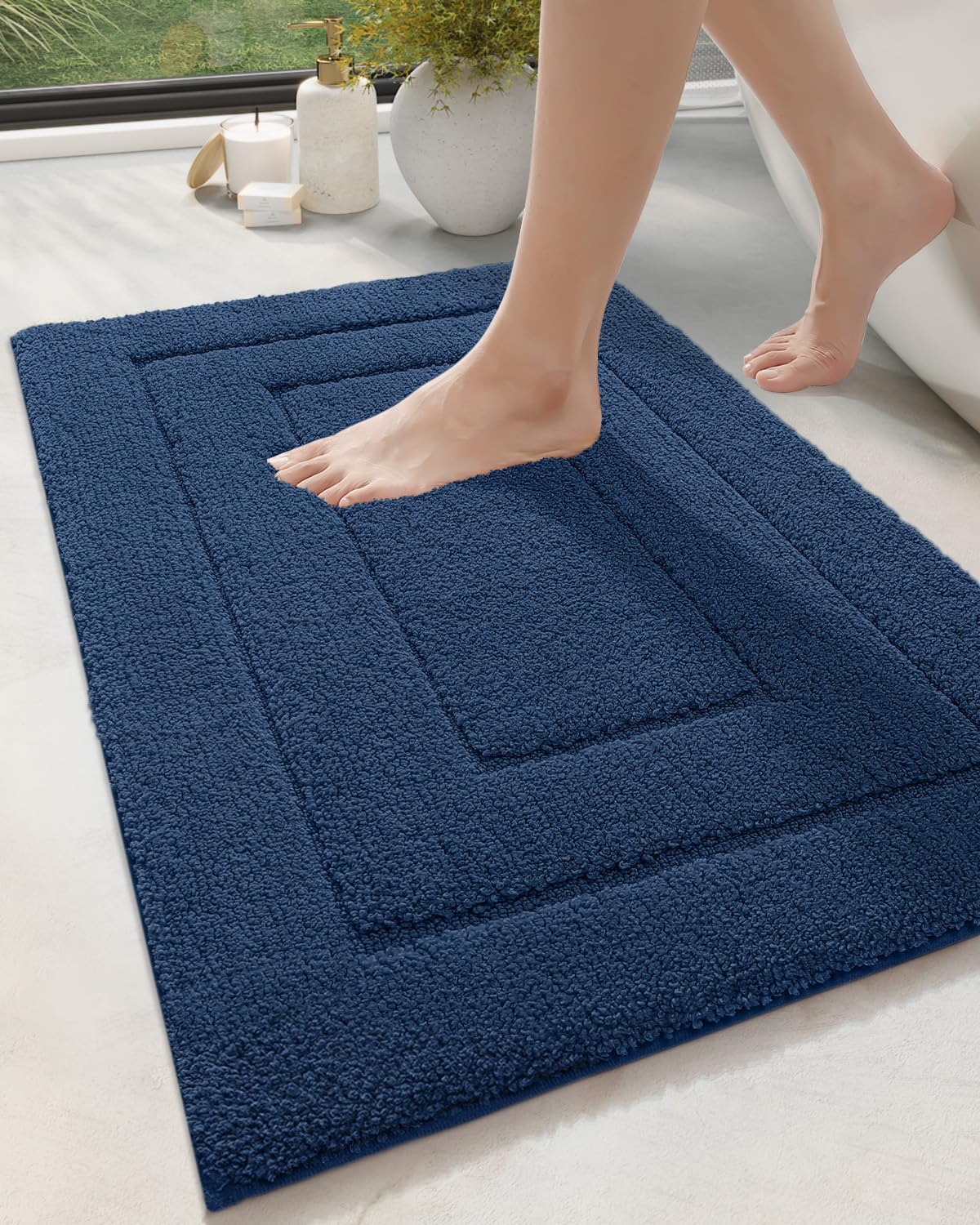 DEXI Bath Mat Non Slip, 24x36 Absorbent Microfiber Soft Bathroom Rug, Machine Washable Carpet for Shower Floor Bathmat Decor, Navy