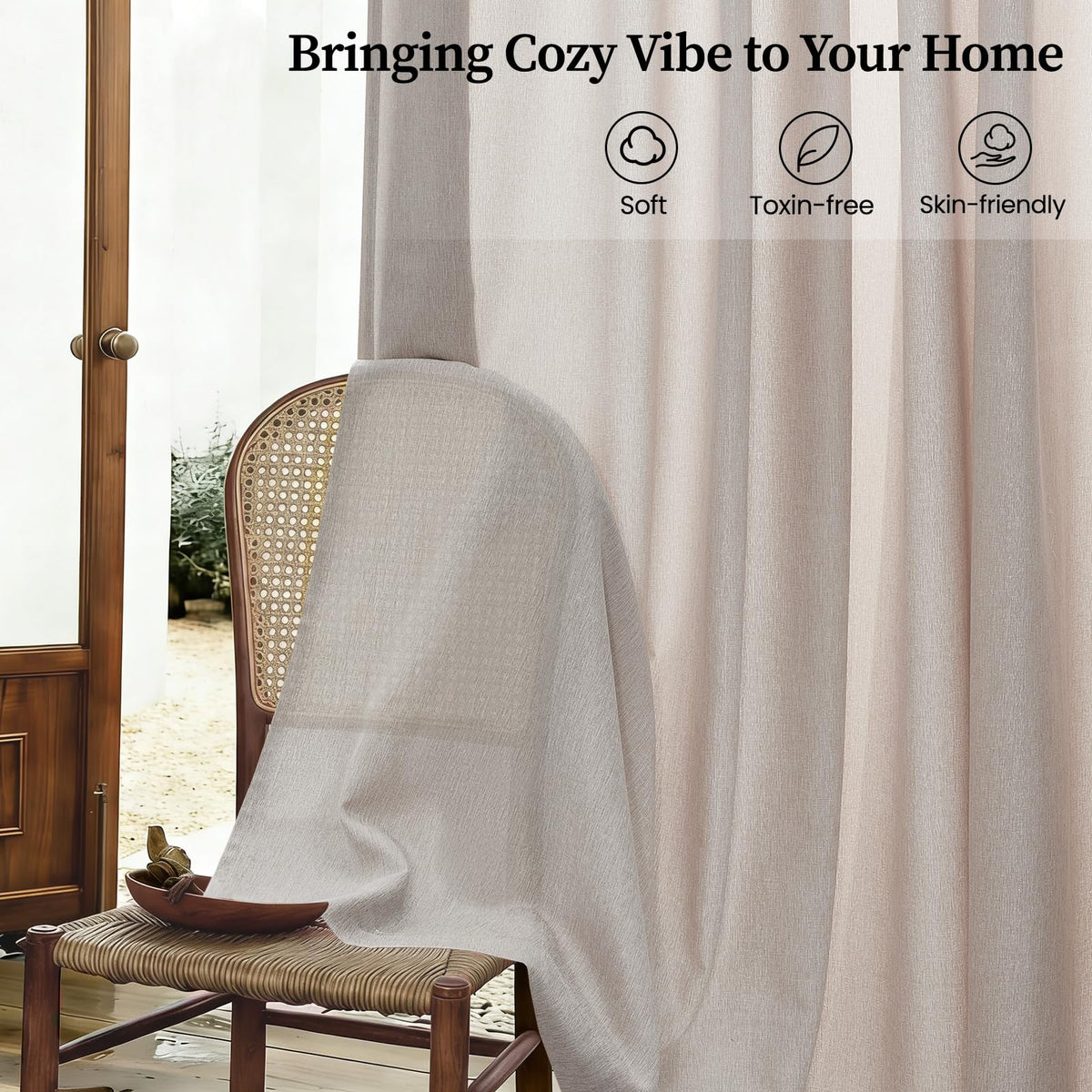 Back Tab Sheer Linen Curtains 90 Inches Long Linen Textured Curtain Oatmeal Semi Sheer Blend Light Filtering Linen Drapes for Rod Pocket 52x84 2 Panels Set Farmhouse Boho Light Oatmeal