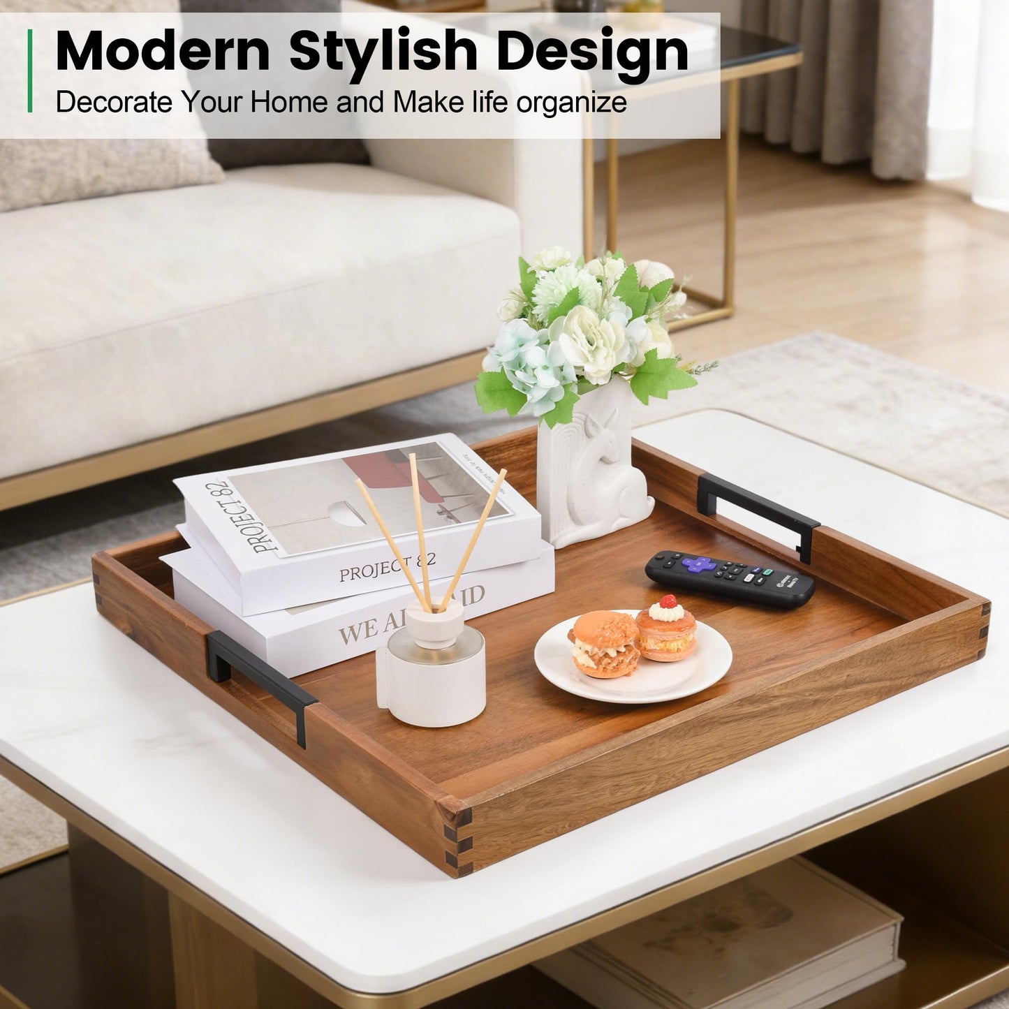 Large Square Ottoman Tray for Living Room and Coffee Table Decorative Acacia Wood Serving Tray with Handles for Breakfast in Bed, Dinner Food TV (Natural, 43.2 x 43.2 x 5 cm)