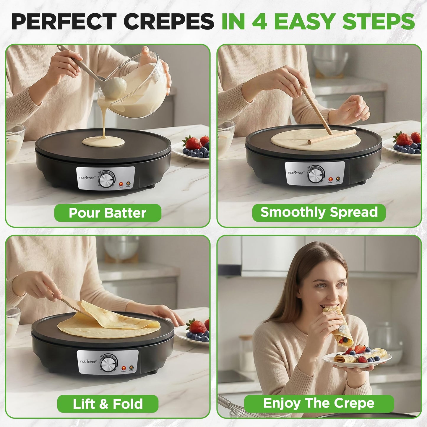 Electric Griddle Crepe Maker Cooktop - Nonstick 12 Inch Aluminum Hot Plate with LED Indicator Lights & Adjustable Temperature Control - Wooden Spatula & Batter Spreader Included