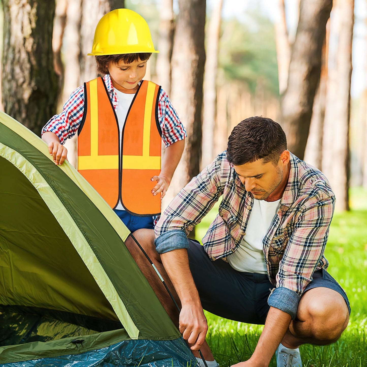 58Pcs Kids Construction Worker Costume, Includes Orange Safety Vest Bulk Worker Hats Tote Bags Construction Vehicles Stickers