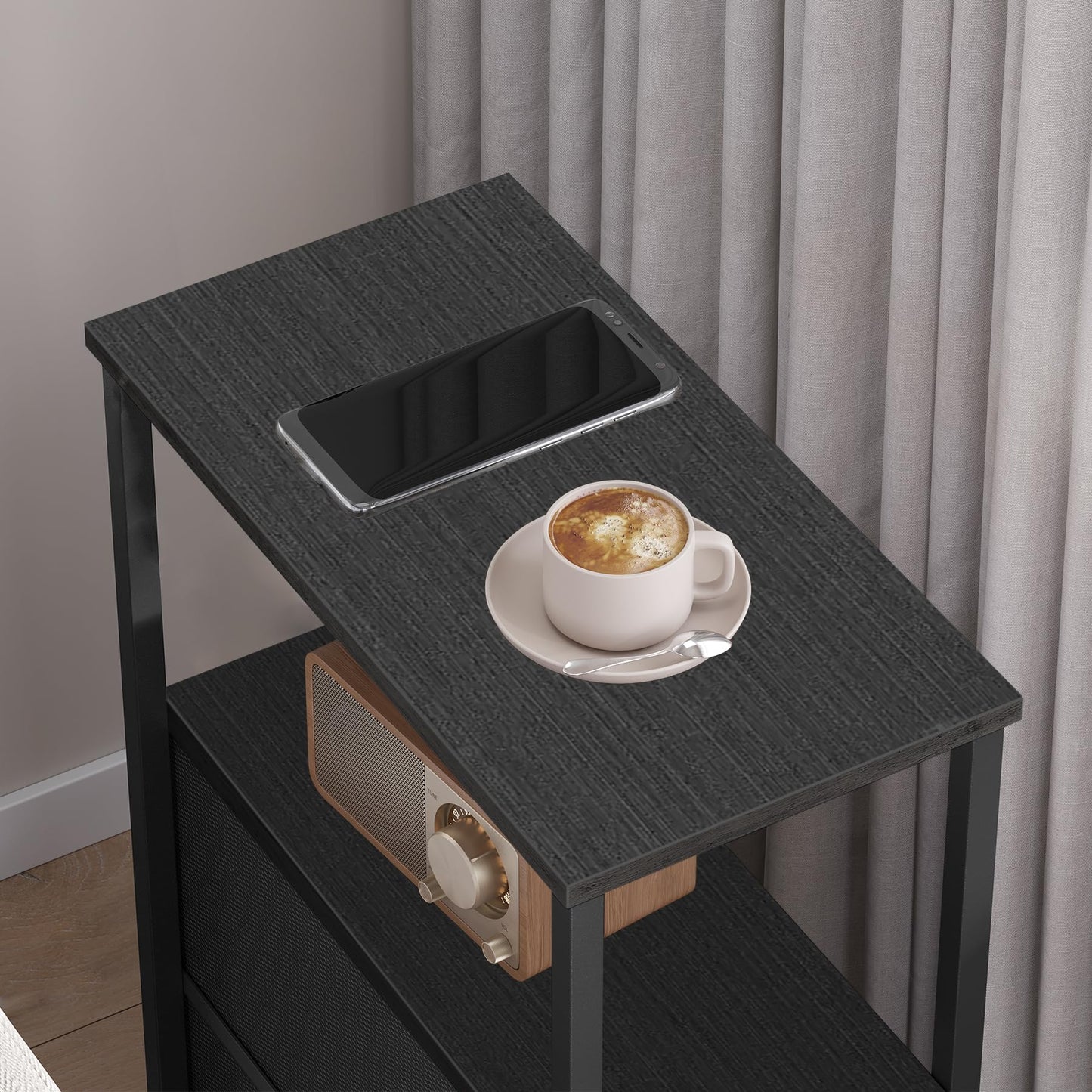 TUTOTAK Small Narrow End Table, Set of 2, Side Table, Nightstand with 2 Cloth Drawers, Couch Table, for Living Room, Bedroom, Bedside, Black TB01BK054CA