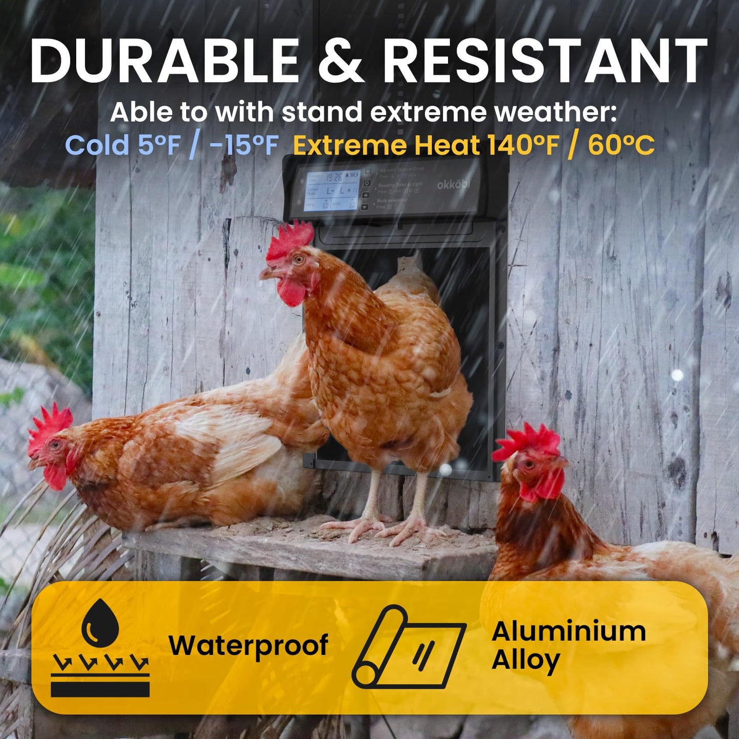 Okkobi Automatic Chicken Coop Door Solar Powered - LCD Display - Chicken Coop Door with Remote Control, Light Sensor & Timer - Security & Peace of Mind: Anti-Pinch function - 5-Year Protection - Black