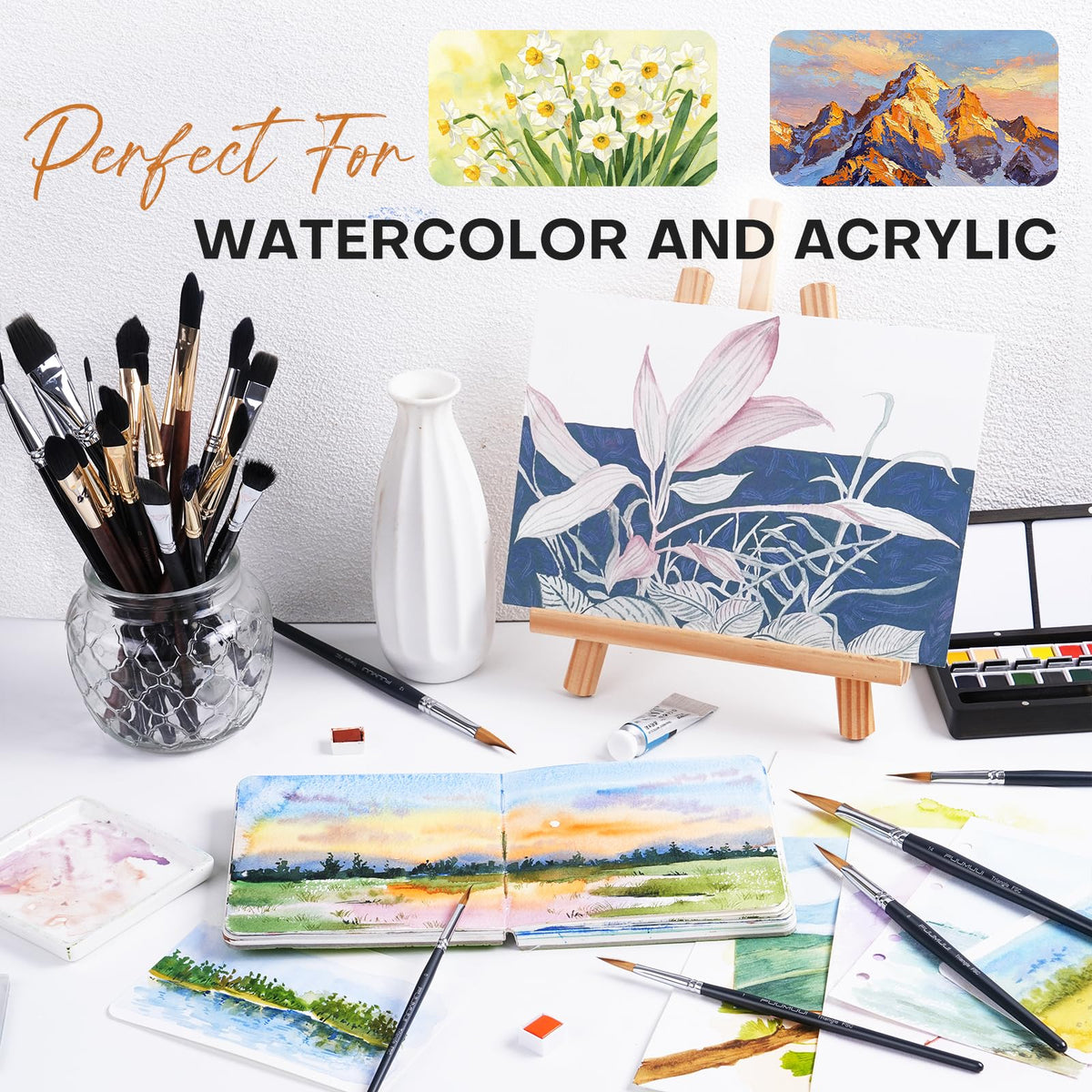 Fuumuui Watercolor Paint Brushes Set - 6 Pcs Professional Pointed Triangle Wedge Synthetic Sable Paint Brushes for Unique Texture Painting Perfect for Watercolour Acrylic Gouache Inks Painting