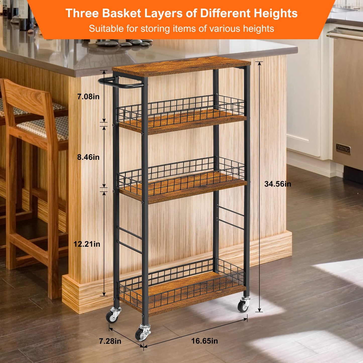 YBING 4 Tier Slim Kitchen Storage Cart with Wheels, Rustic Brown, 31D x 46W x 60H cm