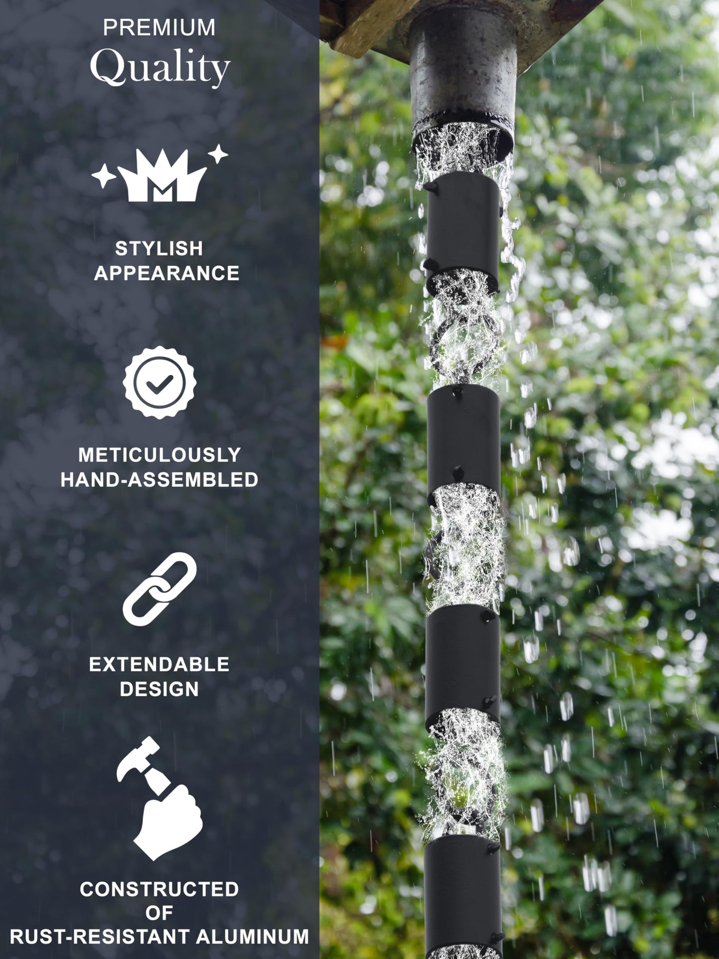 Monarch Rain Chains Aluminum Cylinder Rain Chain, 8.5 feet Black Powder Coated Aluminum Decorative Rain Catcher Chain for Gutters, Aluminum Rain Gutter Replacement Downspout
