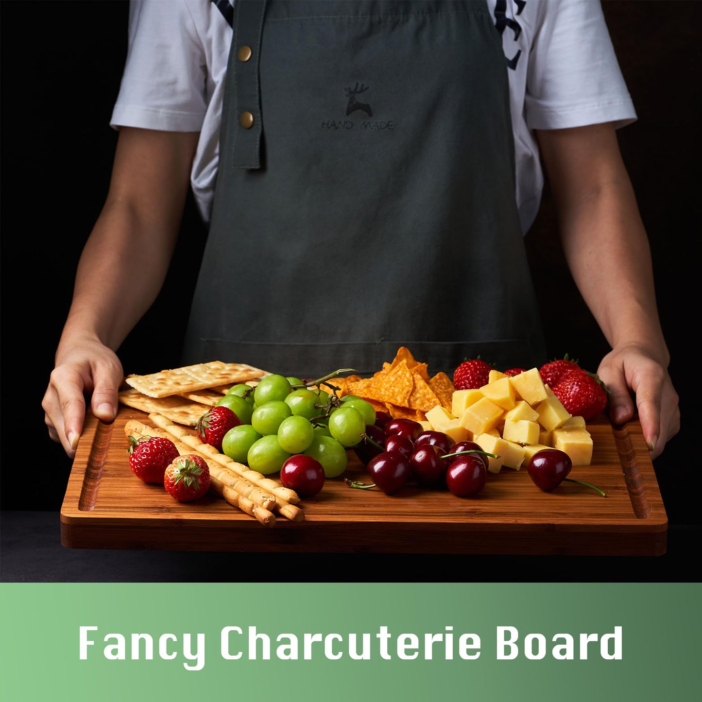 Large Wood Cutting Board for Kitchen, 1” Thick Bamboo Cheese Charcuterie Board, Butcher Chopping Block, with Juice Grooves and Handles