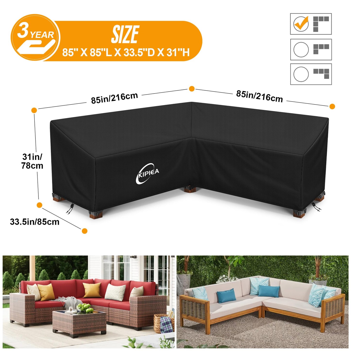 Kipiea Patio V-Shaped Sectional Sofa Cover, 420D Heavy-Duty Oxford Fabric Outdoor Sectional Cover with 6 Windproof Buckles, No Tears Anti UV No Fading (Right Facing, 85" x 85" L x 33.5" D x 31" H)