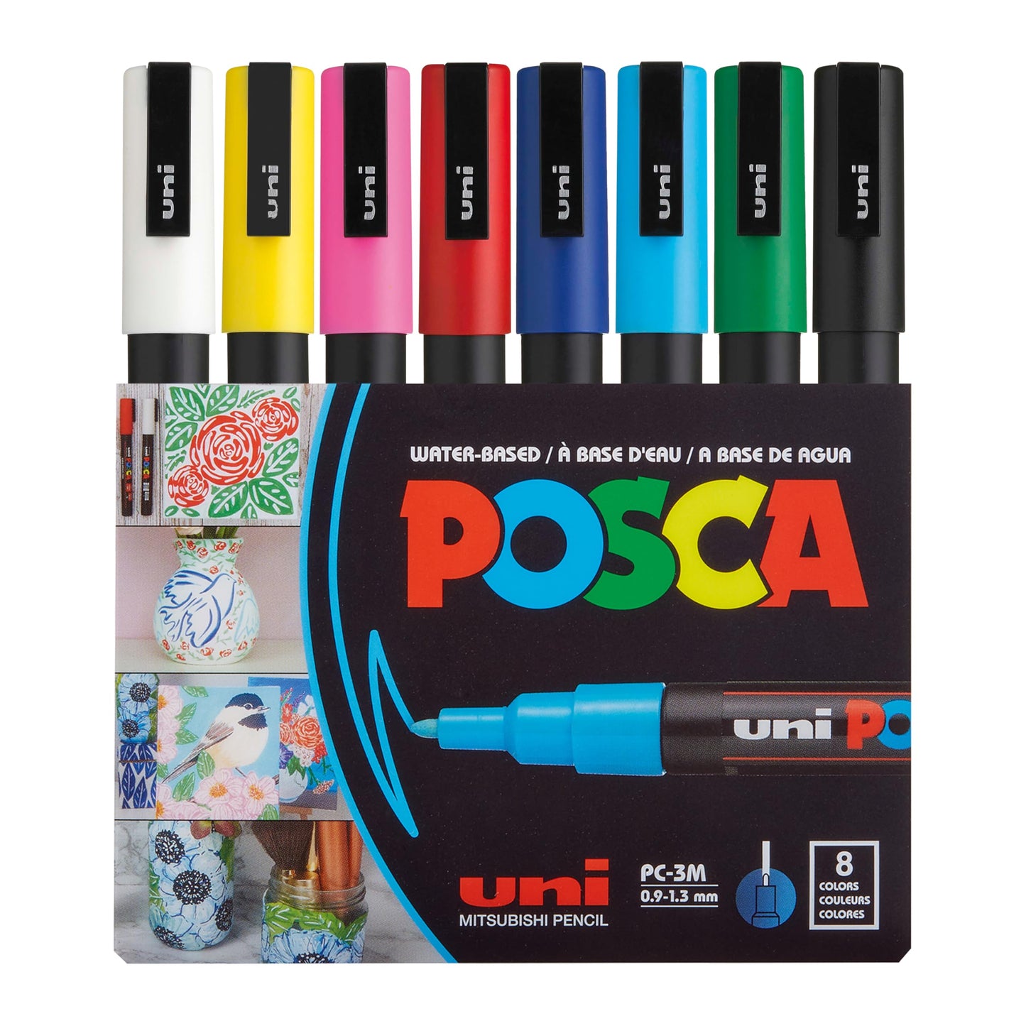 Posca Full Set of 8 Acrylic Paint Pens with Reversible Fine Point Pen Tips, Posca Pens are Acrylic Paint Markers for Rock Painting, Fabric, Glass Paint, Metal Paint, and Graffiti