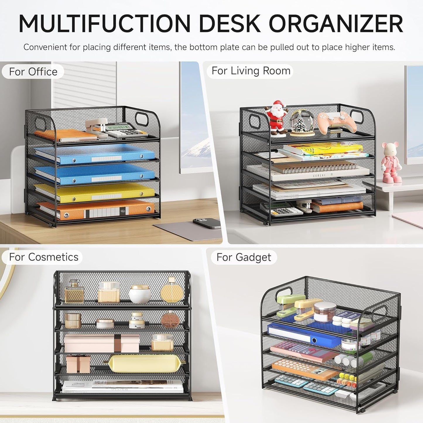 5 Tier Paper Desk Organizer with Handle and 1 Pcs Slideable Letter Tray, A4 Paper File Folder Sorter Metal Mesh Organizer for Home Office School Desk Supplies Organization Storage - Black