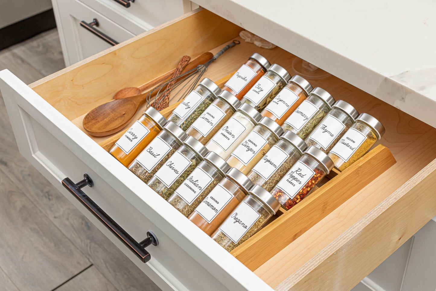 Orii 18 Jar Bamboo Compact Spice Organizer for Countertop and Kitchen Drawer, Filled with Spices